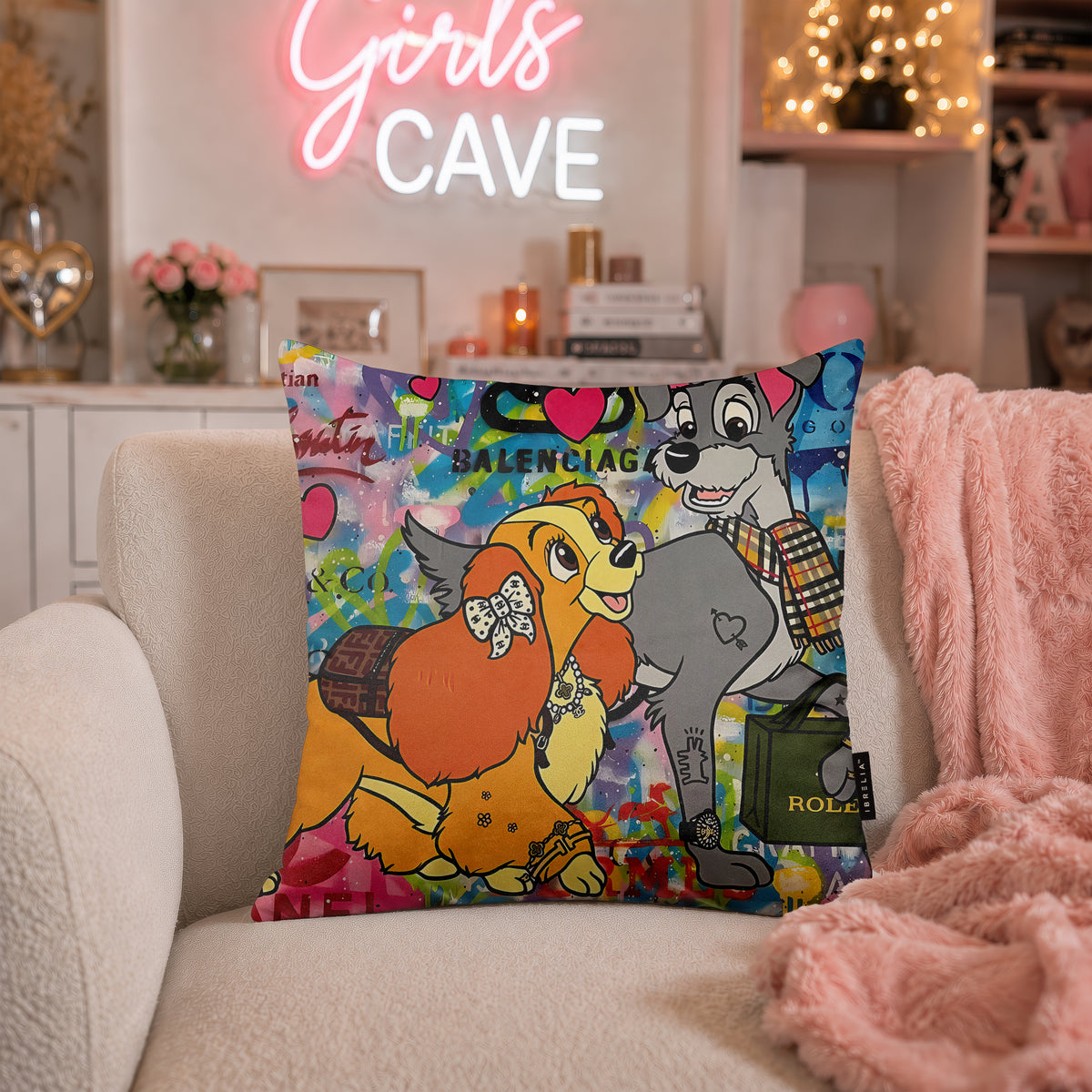 Lady & The Tramp Luxury Love Pop Art Cushion | Premium Velvet Suede | Double-Sided Print