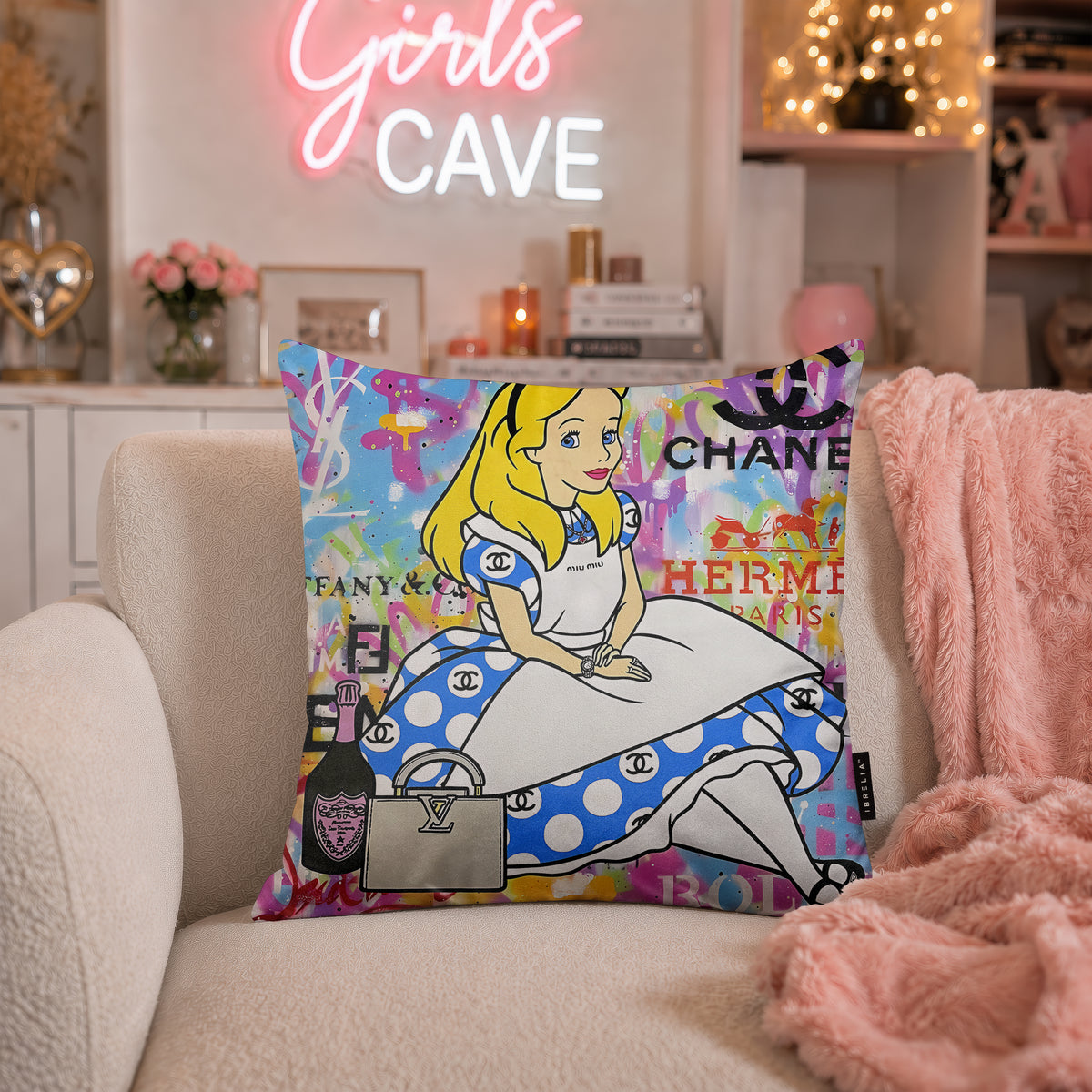 Alice in Wonderland Luxury Fashion Pop Art Cushion | Premium Velvet Suede | Double-Sided Print