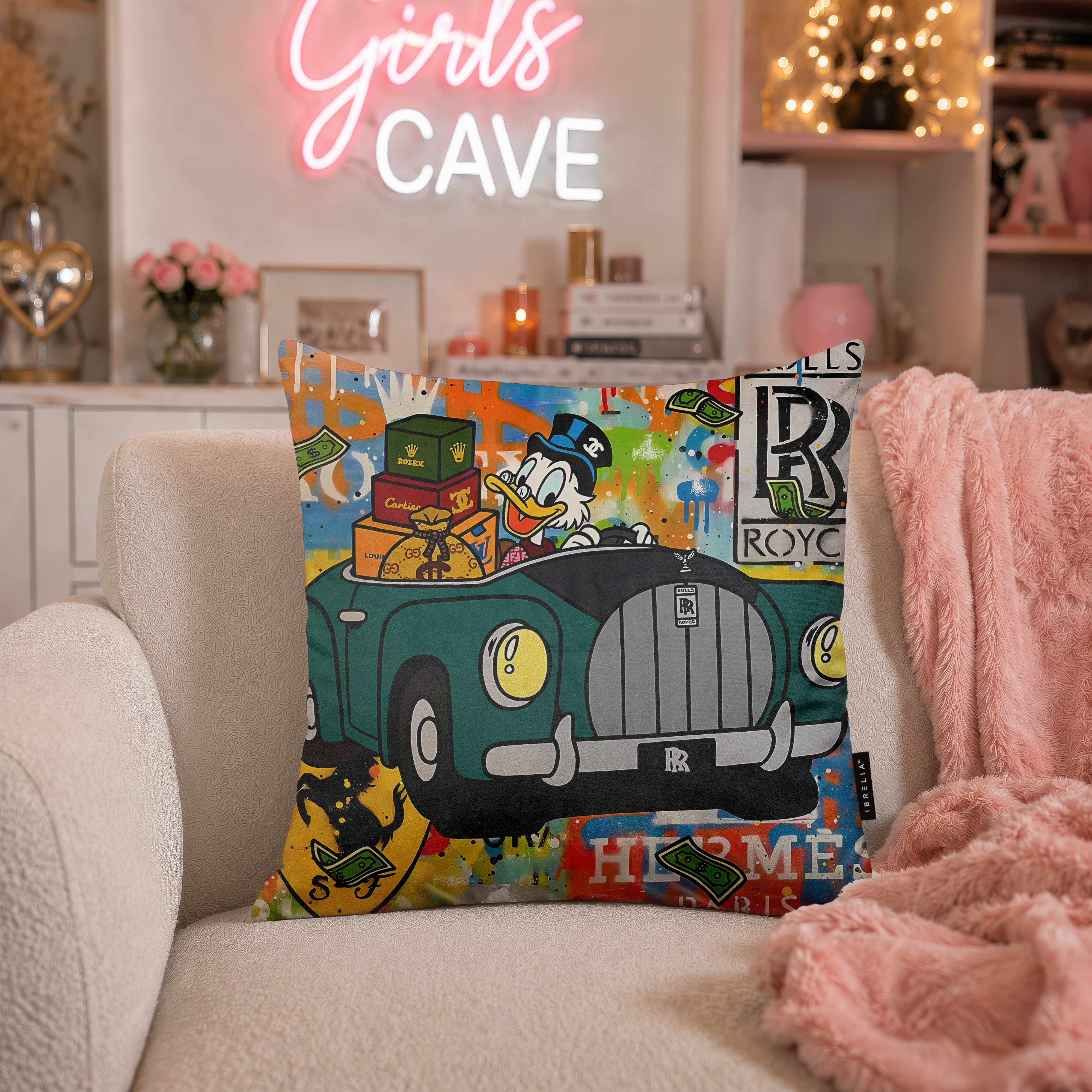Scrooge McDuck Luxury Car Pop Art Cushion | Premium Velvet Suede | Double-Sided Print