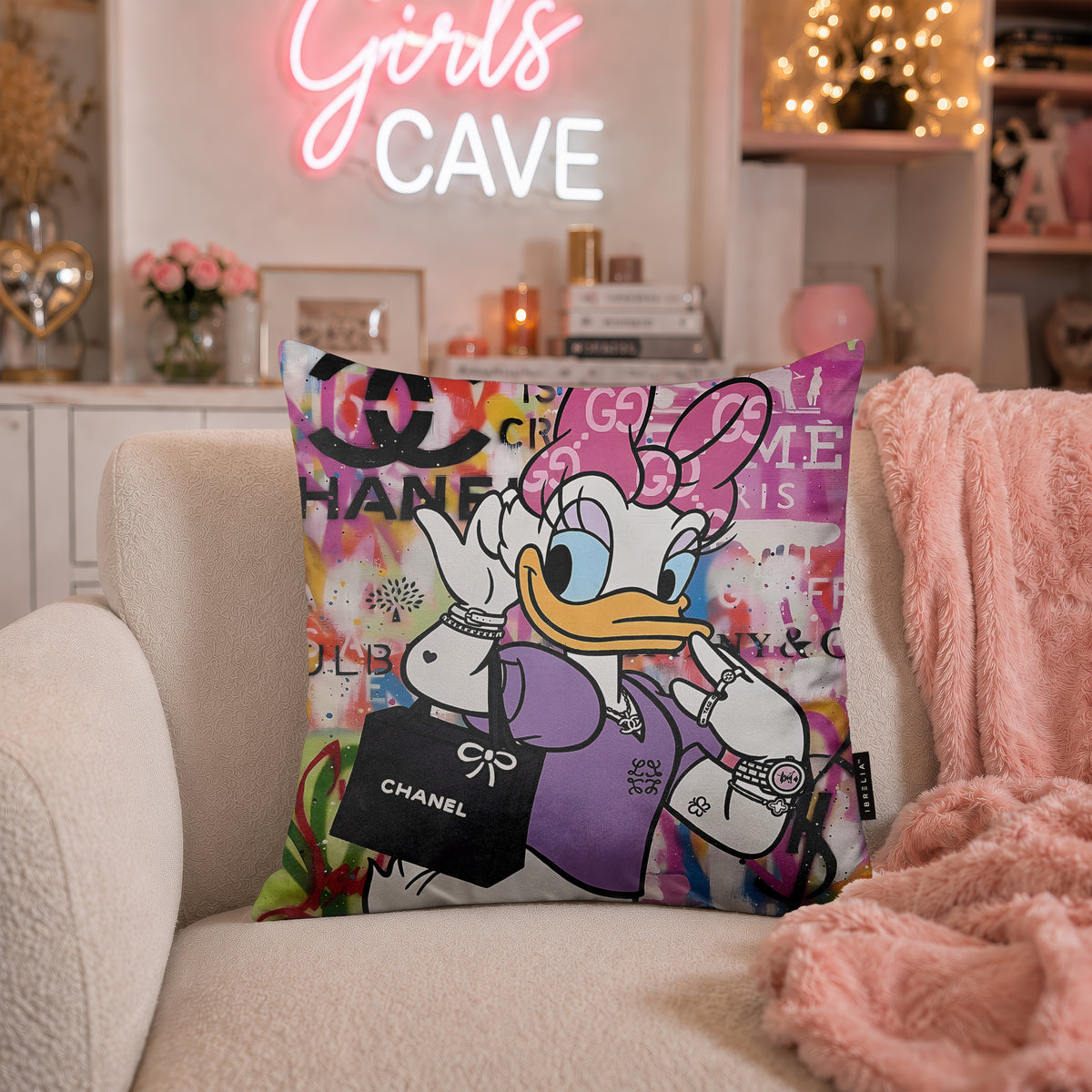 Daisy Duck Luxury Shopping Pop Art Cushion | Premium Velvet Suede | Double-Sided Print