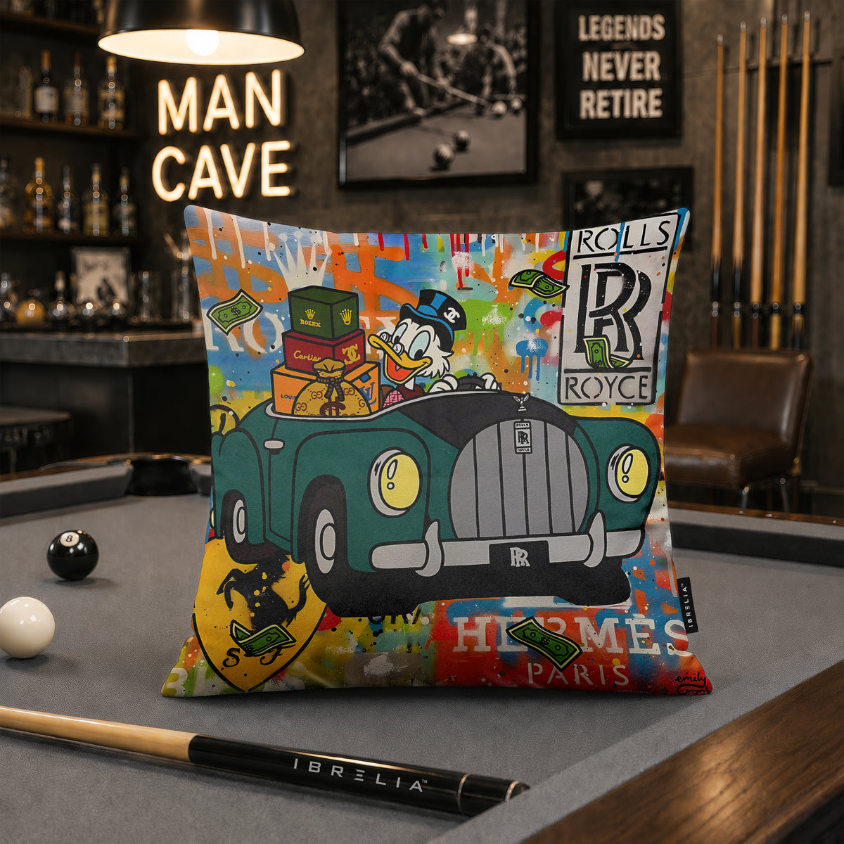 Scrooge McDuck Luxury Car Pop Art Cushion | Premium Velvet Suede | Double-Sided Print