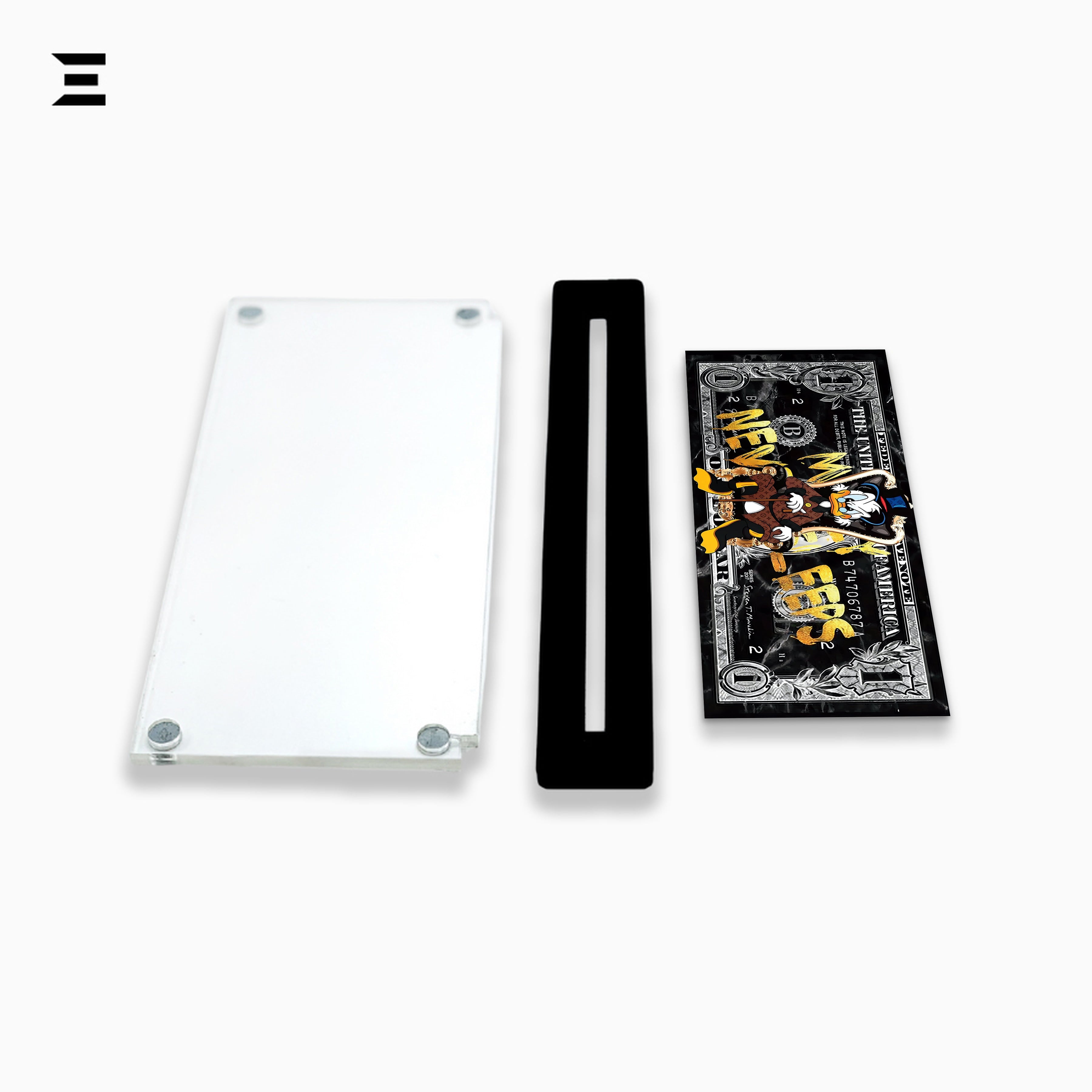 Premium Magnetic Acrylic Frame with Black Base – Scrooge McDuck "Money Never Sleeps" Pop Art IBRELIA