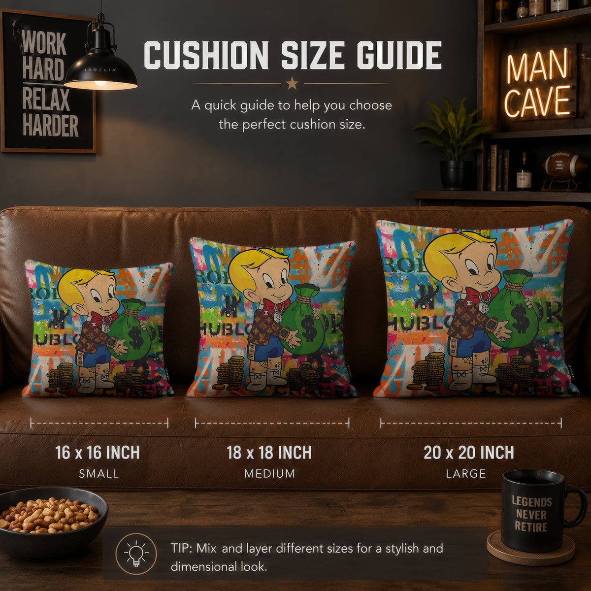 Richie Rich Money Bag Pop Art Cushion | Premium Velvet Suede | Double-Sided Print