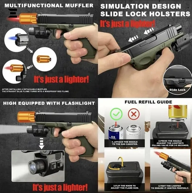 Glock Jet Flame Lighter with Detachable Muzzle – Windproof Refillable Butane Lighter IBRELIA