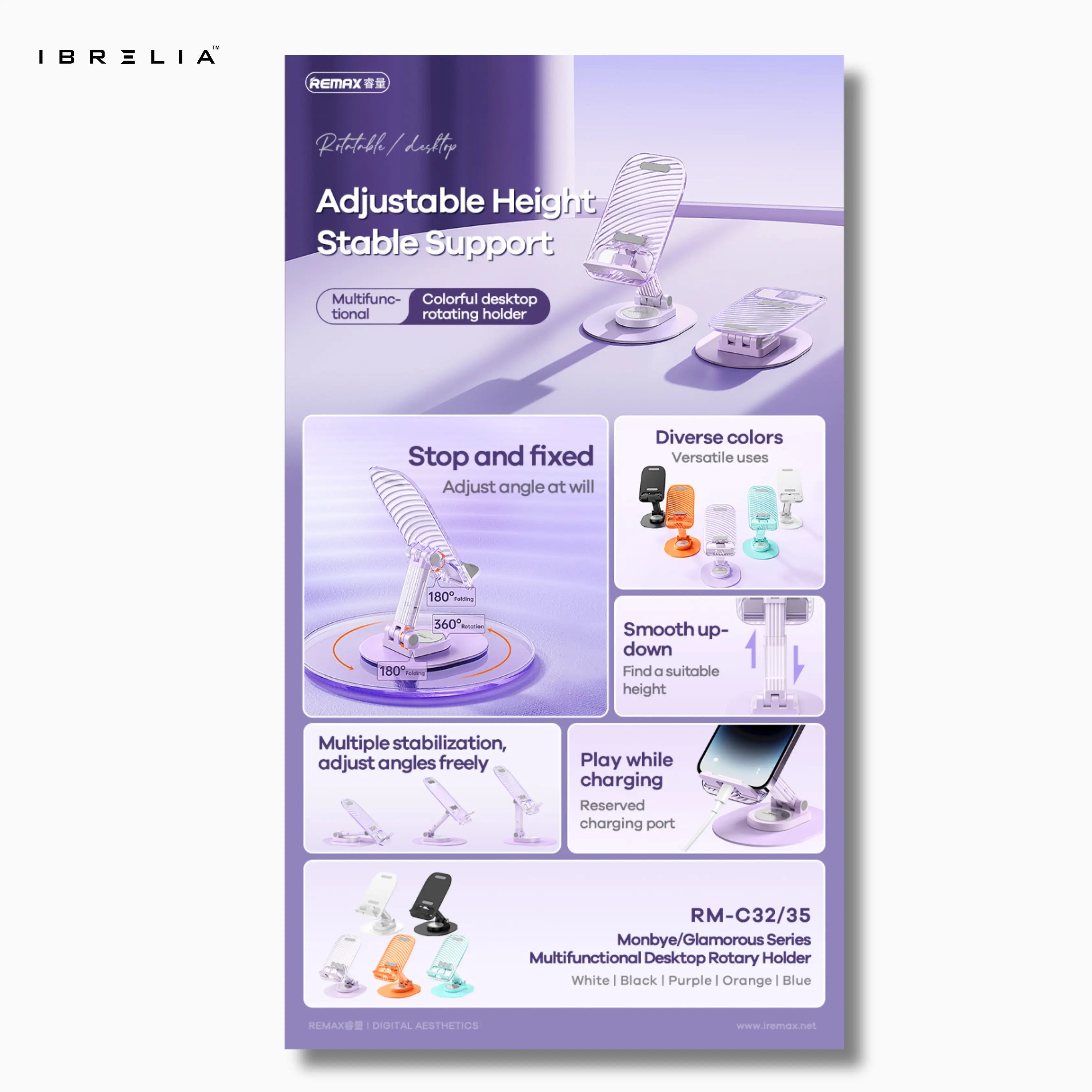 Remax RM-C32 Monbye Series Multifunctional Desktop Rotary Holder | 360° Adjustable Phone & Tablet Stand | IBRELIA™ IBRELIA