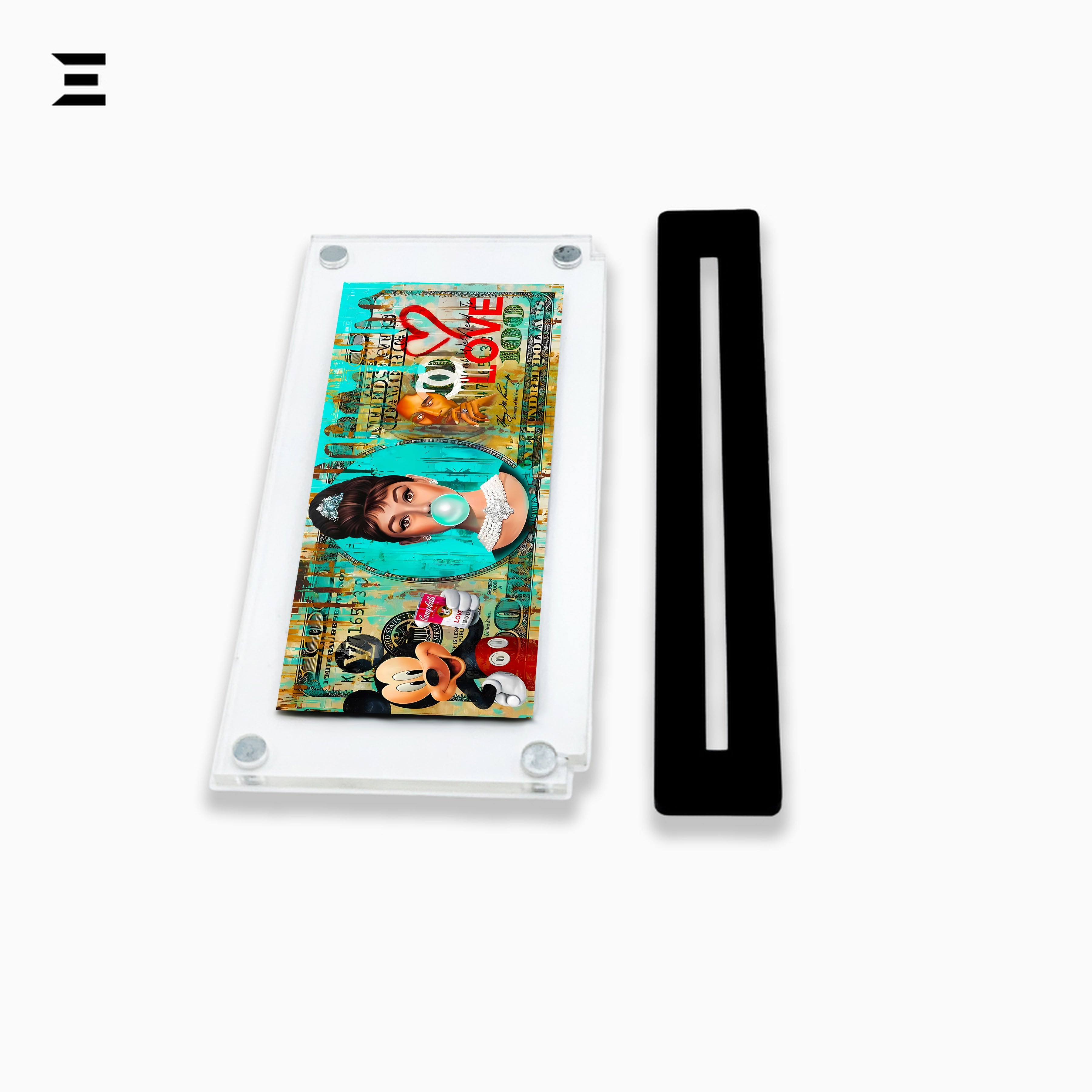 Premium Magnetic Acrylic Frame with Black Base – Audrey Hepburn, Mickey Mouse & LOVE Art IBRELIA