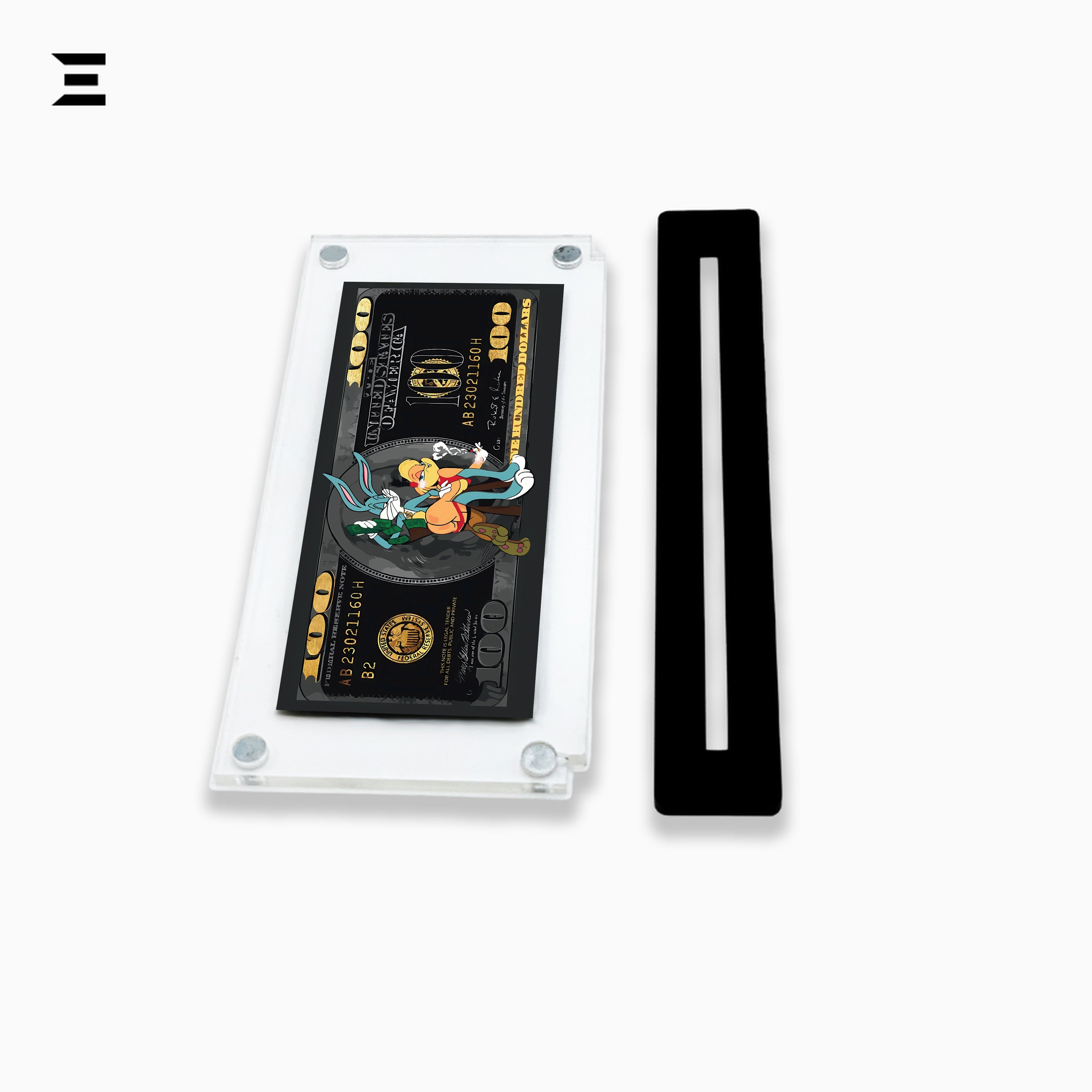 Premium Magnetic Acrylic Frame with Black Base – Bugs Bunny & Lola Bunny $100 Pop Art IBRELIA