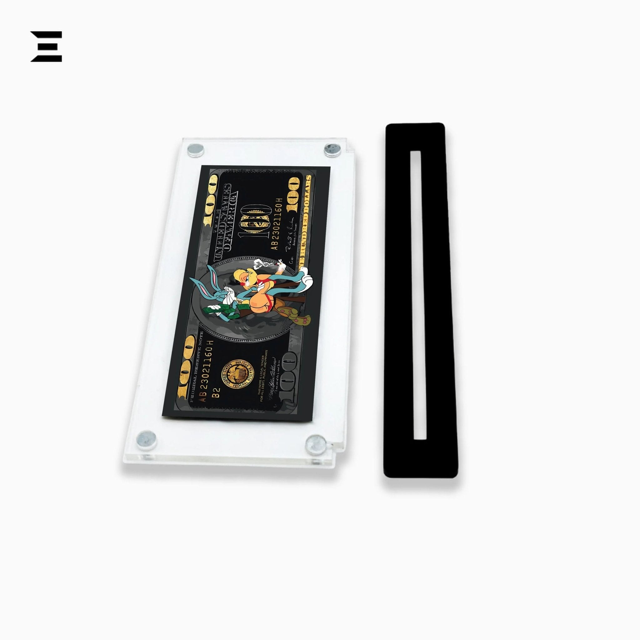 Premium Magnetic Acrylic Frame with Black Base – Bugs Bunny & Lola Bunny $100 Pop Art - IBRELIA