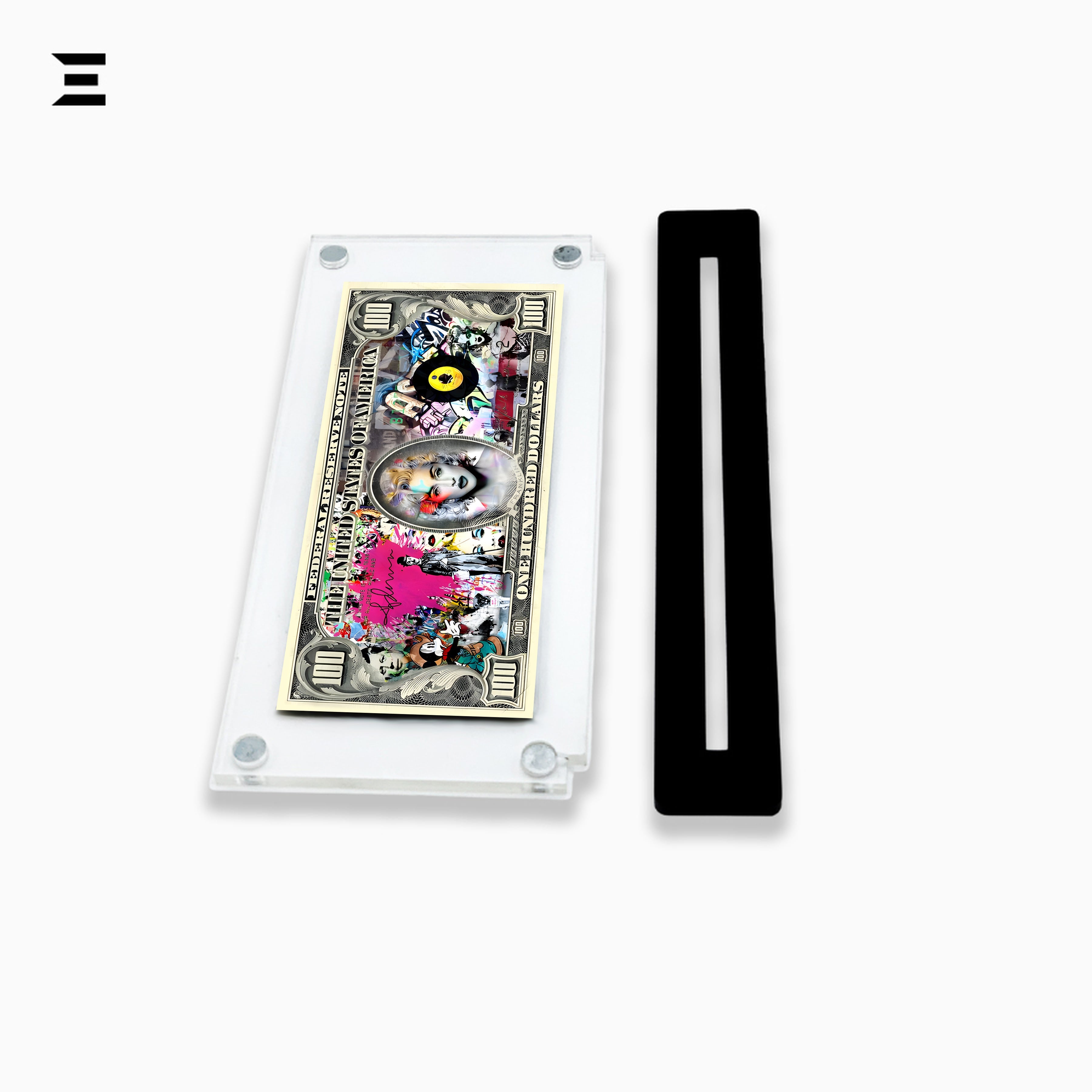 Premium Magnetic Acrylic Frame with Black Base – Madonna $100 Pop Art Dollar IBRELIA