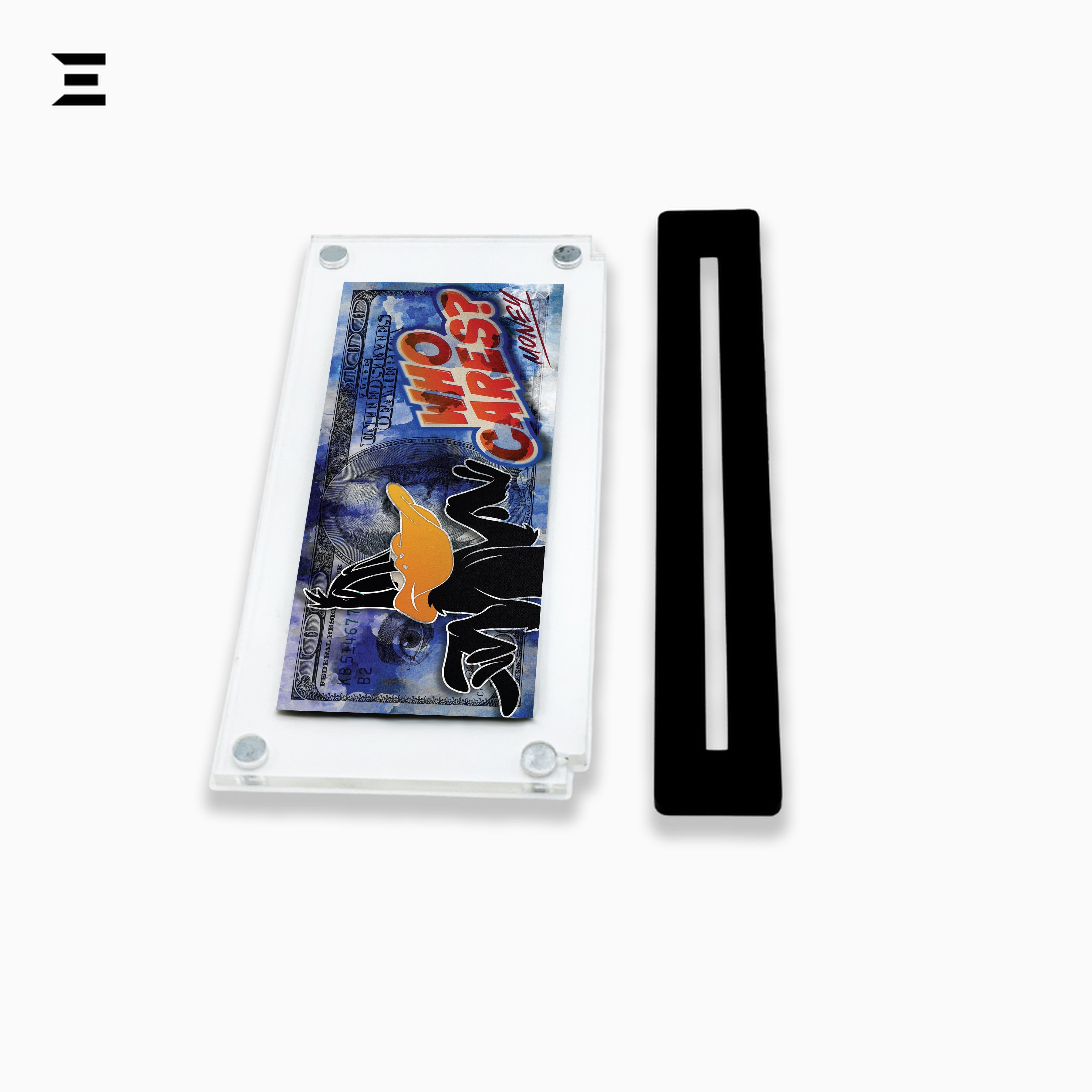 Premium Magnetic Acrylic Frame with Black Base – Daffy Duck “Who Cares? Money” Pop Art IBRELIA