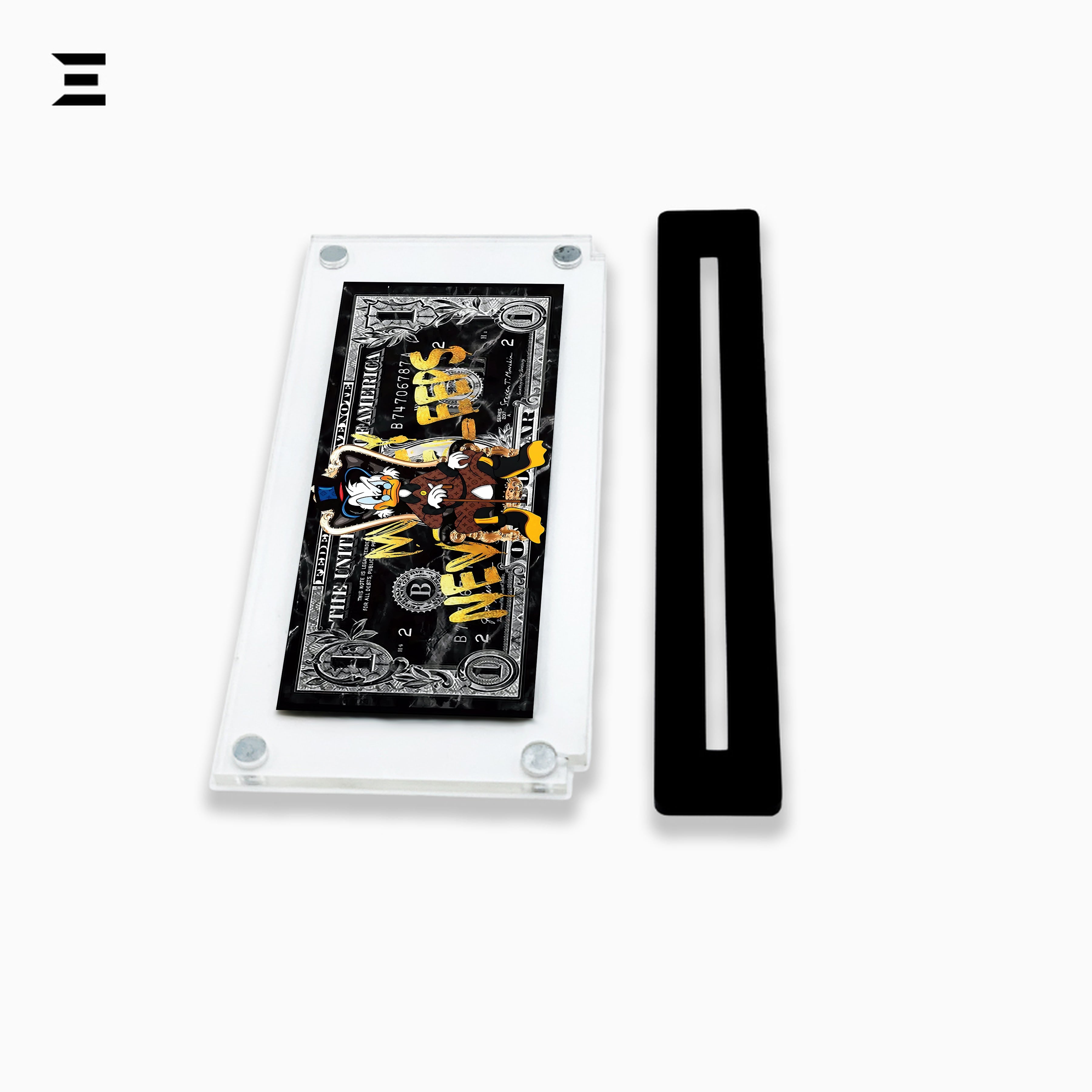 Premium Magnetic Acrylic Frame with Black Base – Scrooge McDuck "Money Never Sleeps" Pop Art IBRELIA