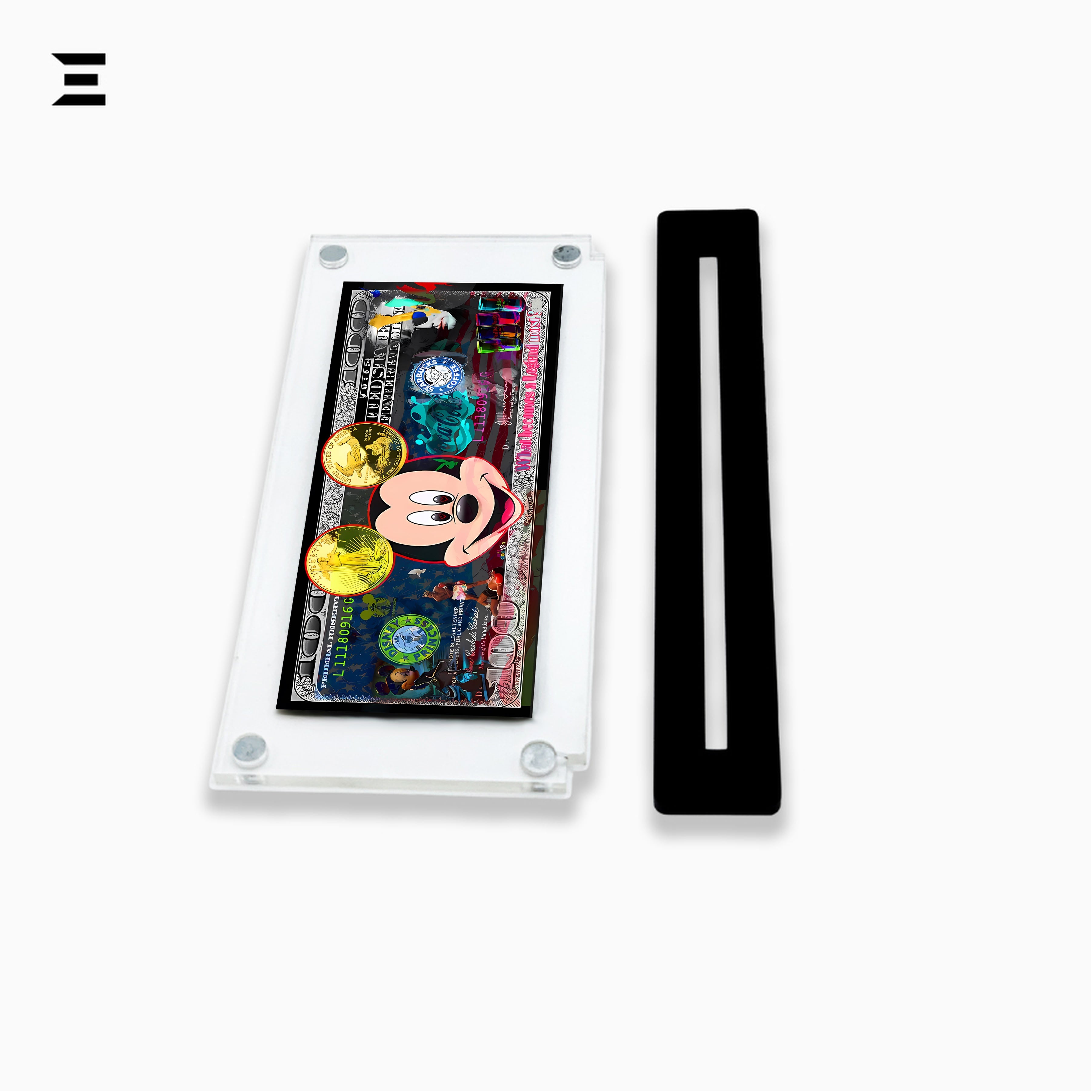 Premium Magnetic Acrylic Frame with Black Base – Mickey Mouse & Andy Warhol Pop Art Dollar IBRELIA