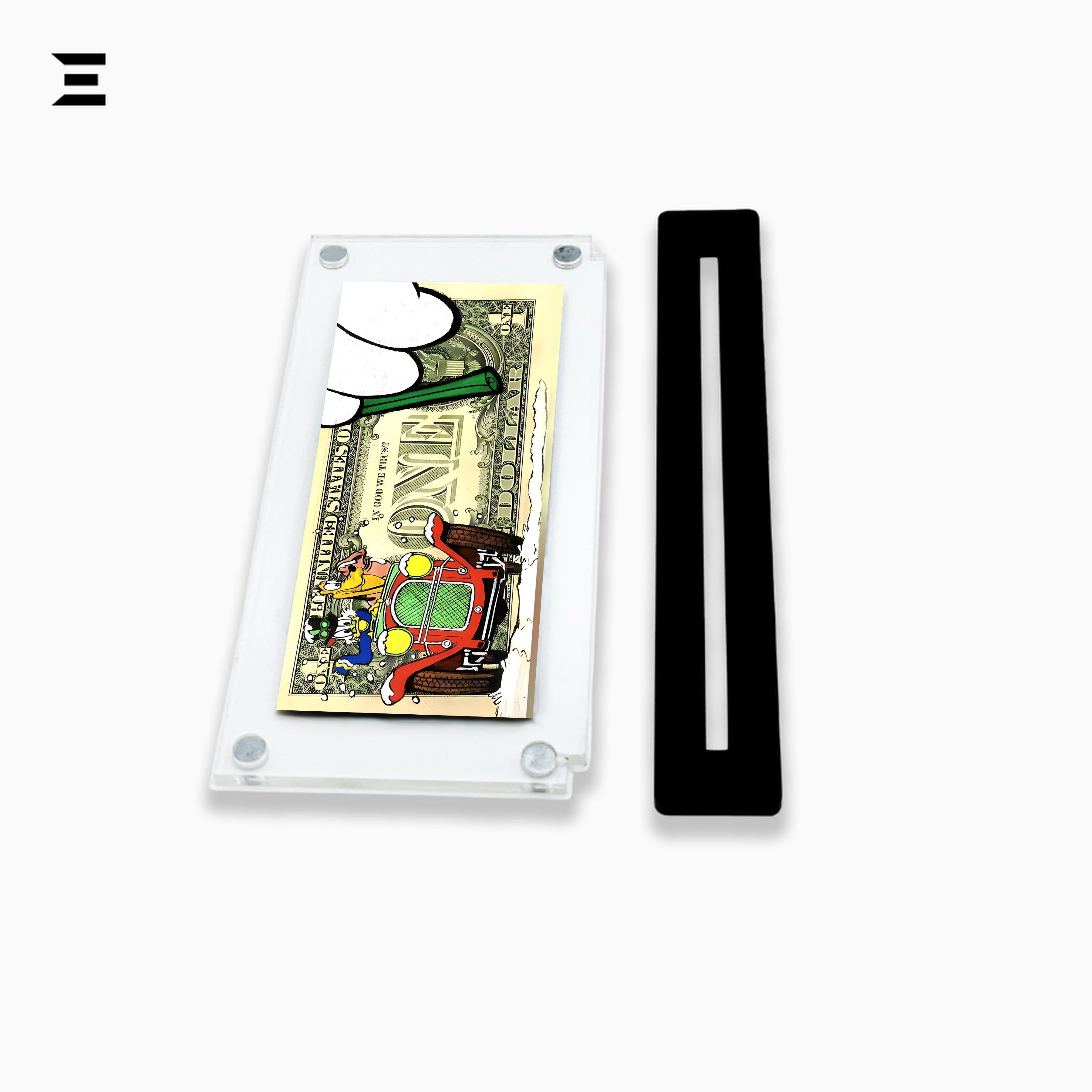Premium Magnetic Acrylic Frame with Black Base – Goofy & Pluto Driving Vintage Car $1 Pop Art IBRELIA