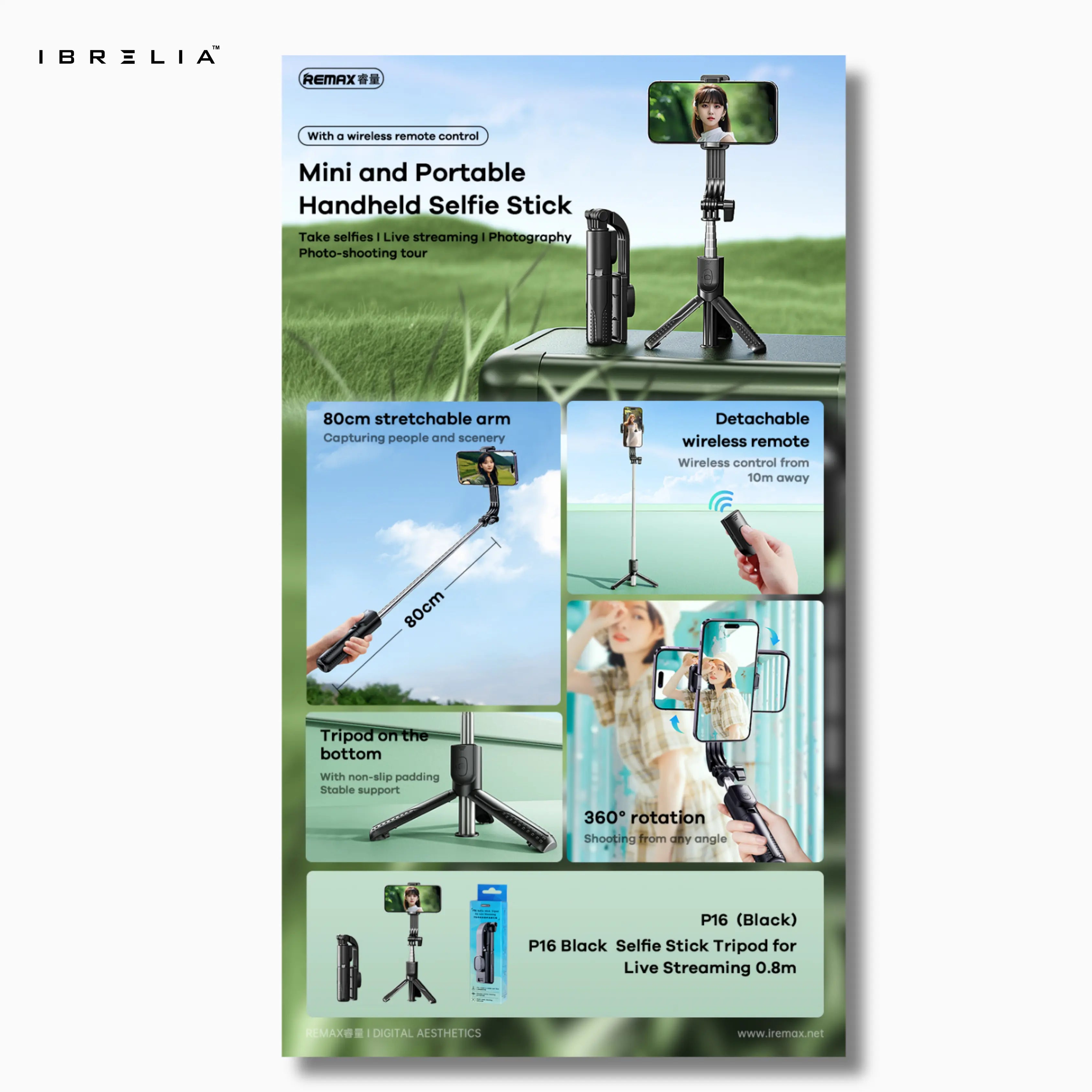 REMAX Selfie Stick Tripod P16 | 0.8m Extendable | Wireless Remote | Live Streaming & Photography | IBRELIA™ IBRELIA