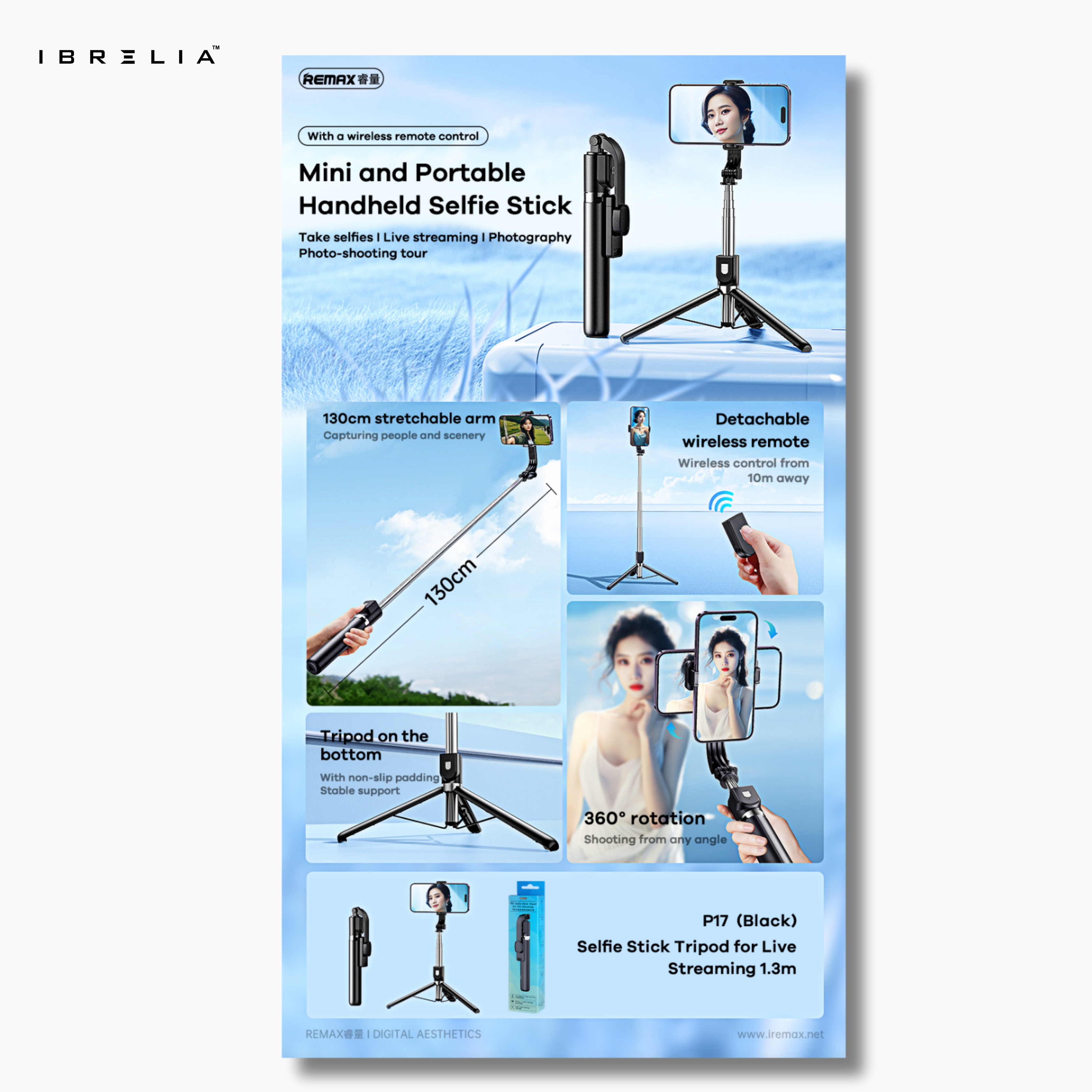 REMAX Selfie Stick Tripod P17 | 1.3m Extendable | Wireless Remote | Live Streaming & Photography | IBRELIA™