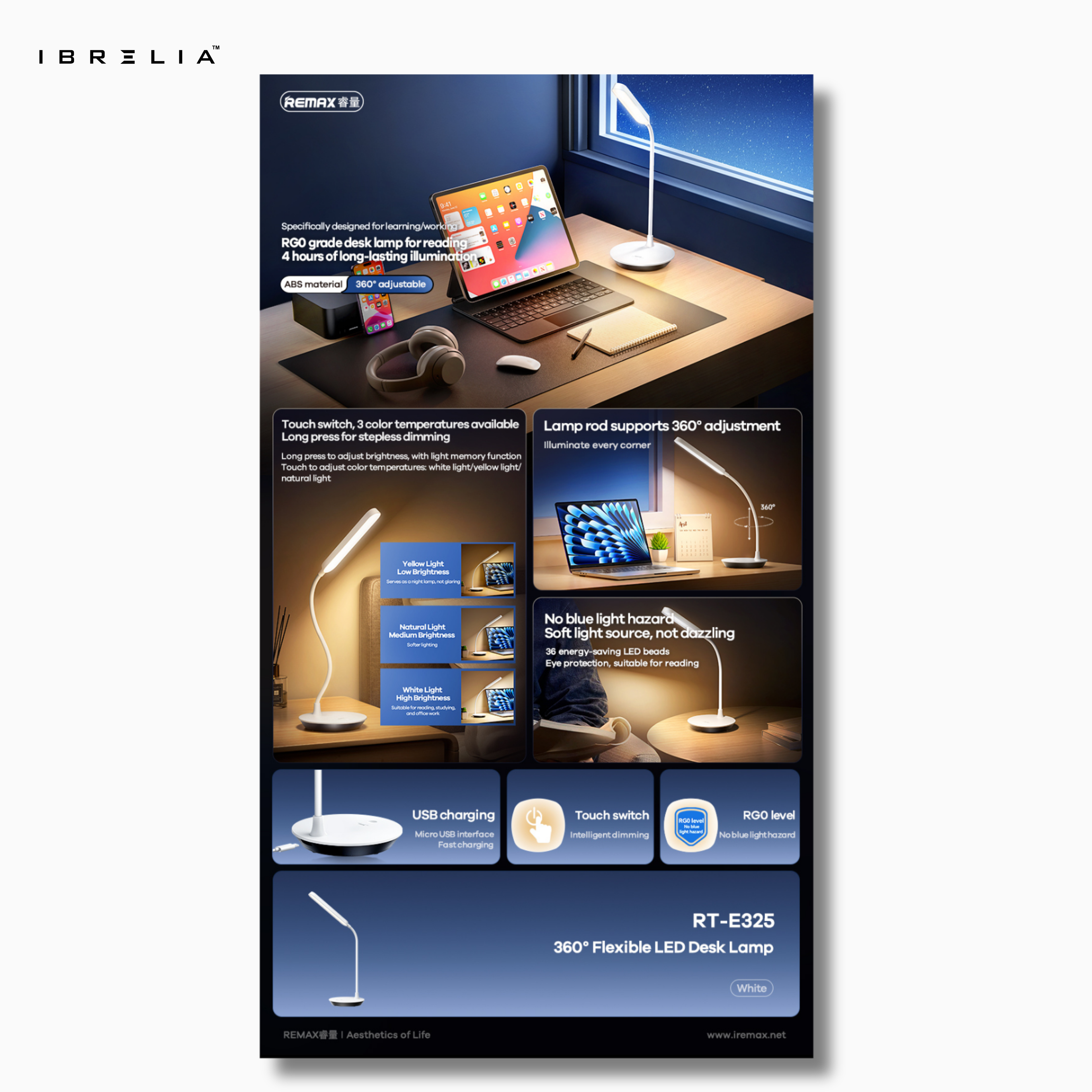 REMAX 360° Flexible LED Desk Lamp RT-E325 | Touch Control | Adjustable Brightness | Energy-Efficient | IBRELIA™