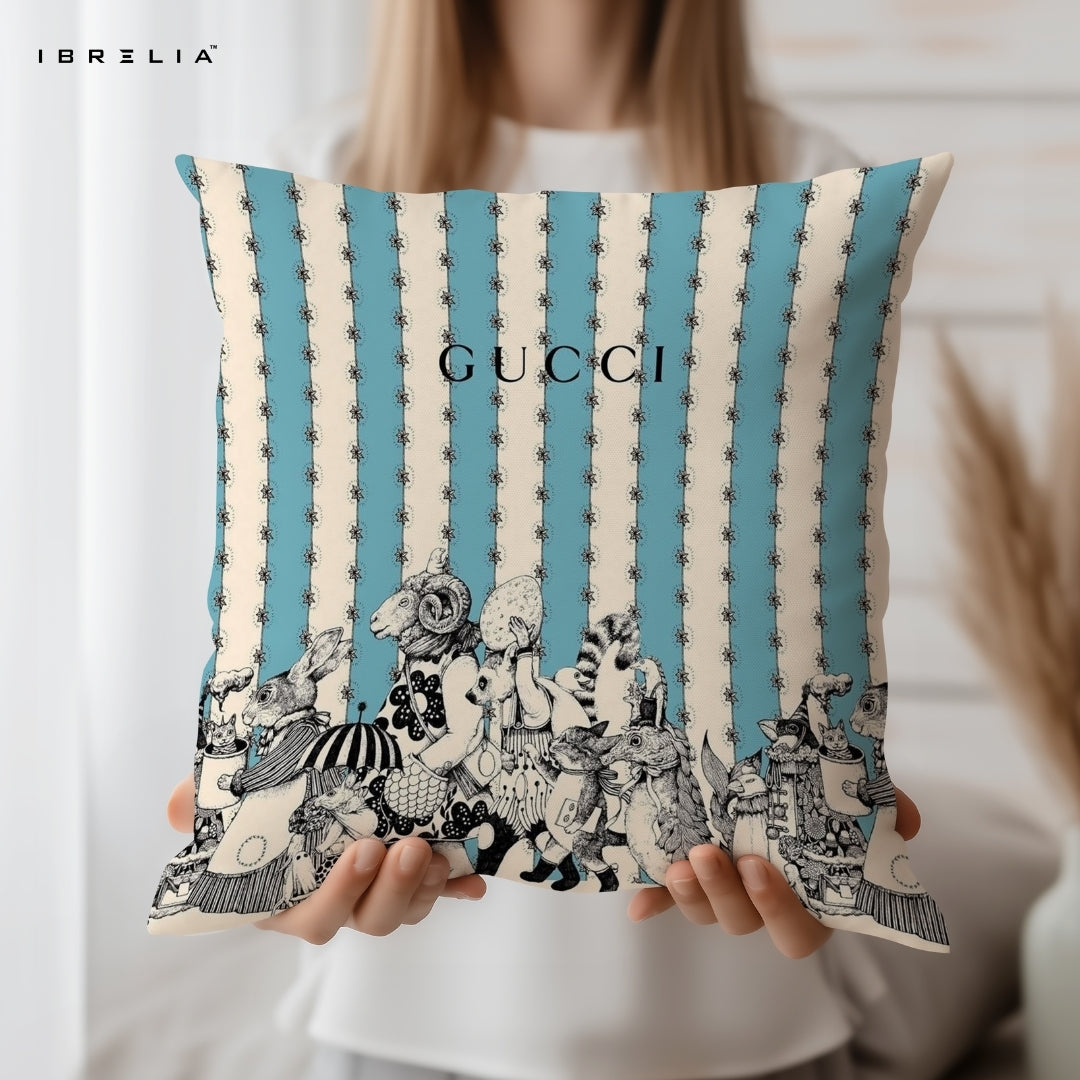 Blue Stripe Vintage Animal Cushion 15x15 Inch | Luxury Artistic Pillow | IBRELIA™ IBRELIA