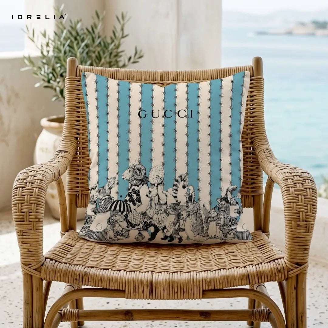 Blue Stripe Vintage Animal Cushion 15x15 Inch | Luxury Artistic Pillow | IBRELIA™ IBRELIA