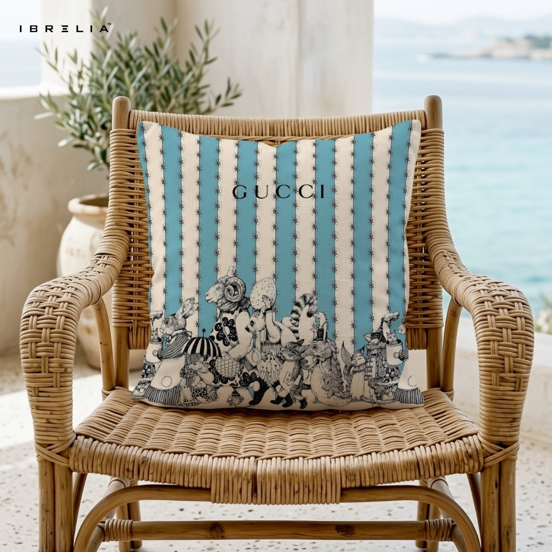 Blue Stripe Vintage Animal Cushion 15x15 Inch | Luxury Artistic Pillow | IBRELIA™ IBRELIA