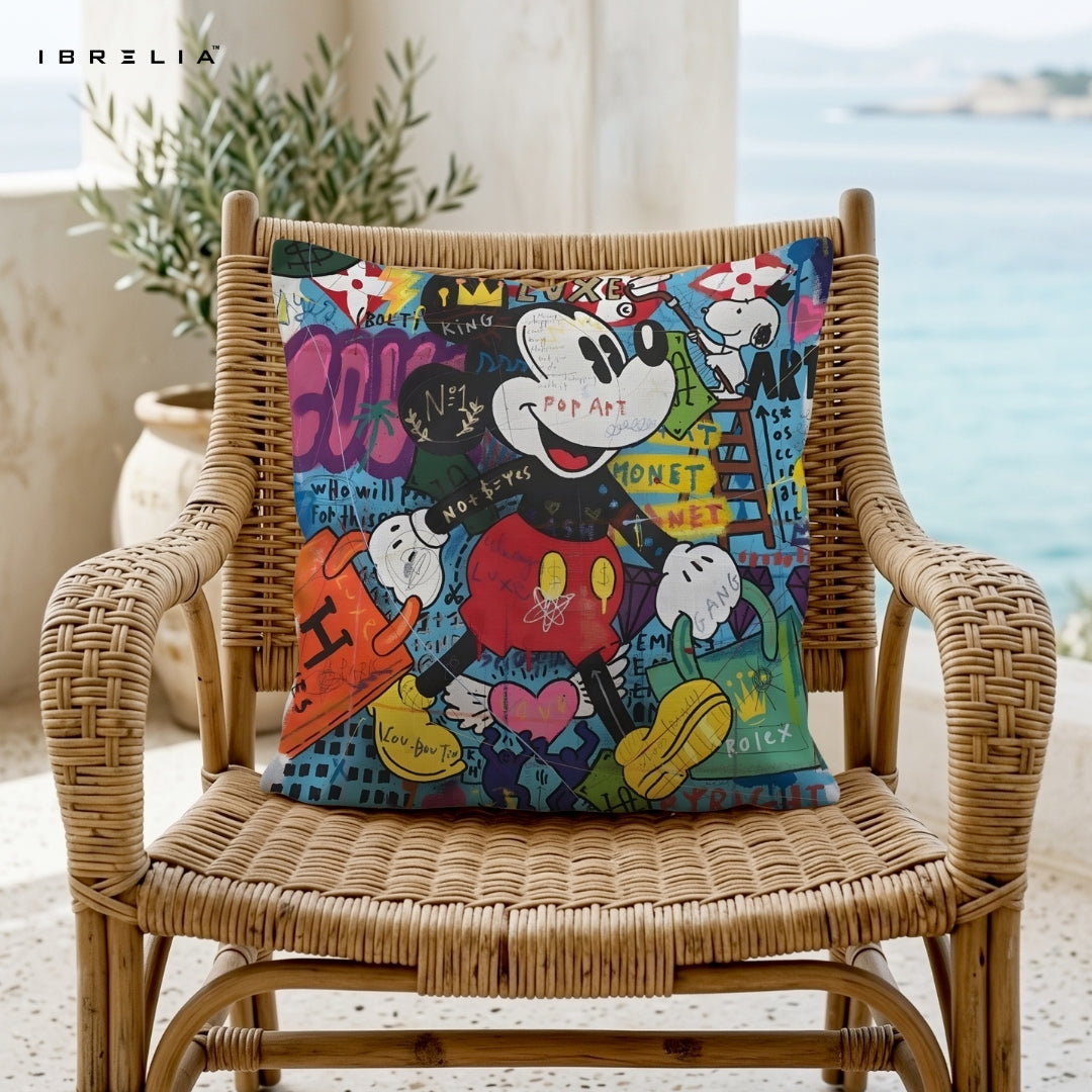 Mickey Mouse Pop Art Cushion – 15x15 Inch Cartoon Street Art Pillow | Urban Graphic Design Cushion | Double-Sided Print | Premium Fibre Filling | IBRELIA™ IBRELIA