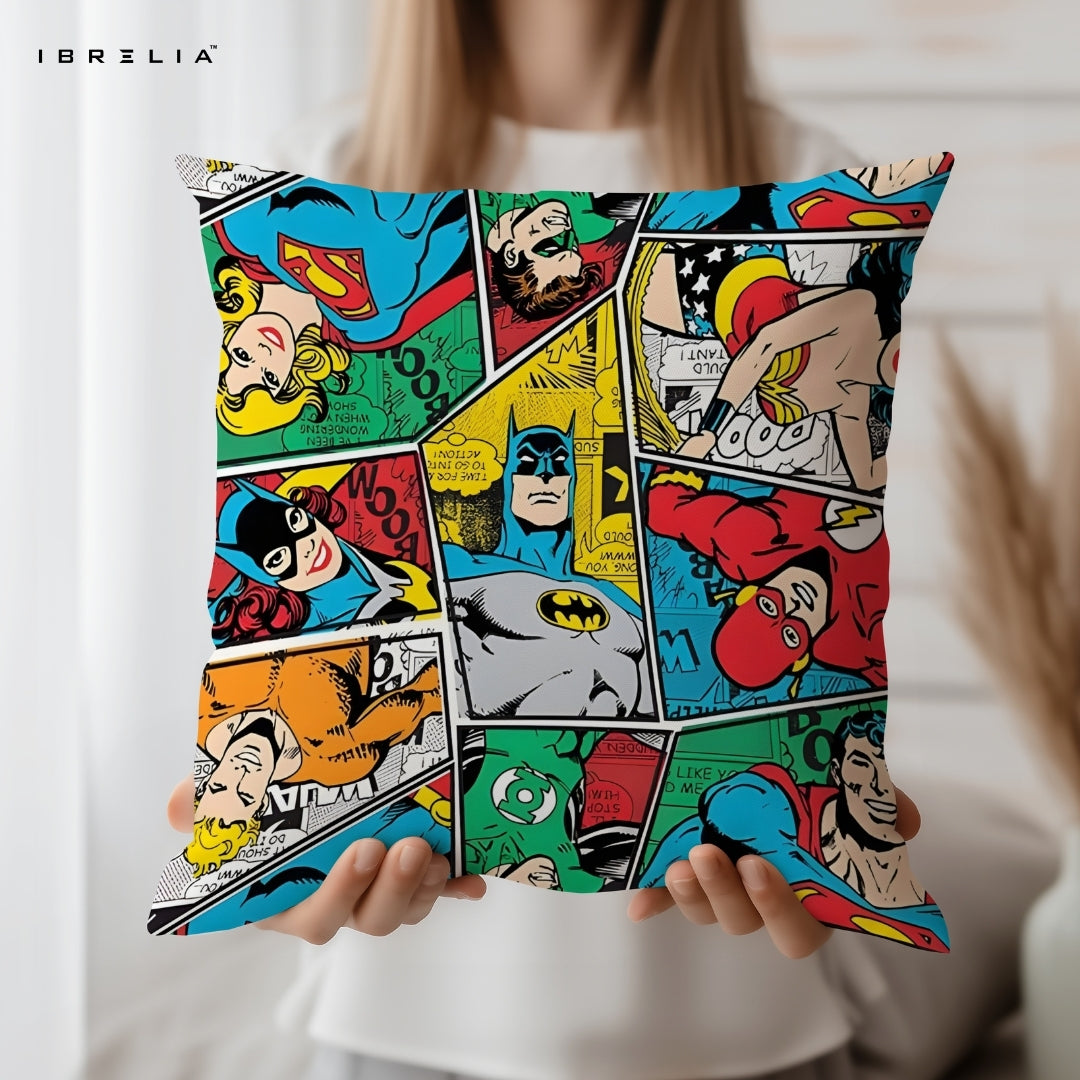 DC Superheroes Comic Cushion – Batman, Superman, Wonder Woman & Flash Pop Art Pillow 15x15 Inch | Double-Sided Print | Fibre Filling | IBRELIA™ IBRELIA