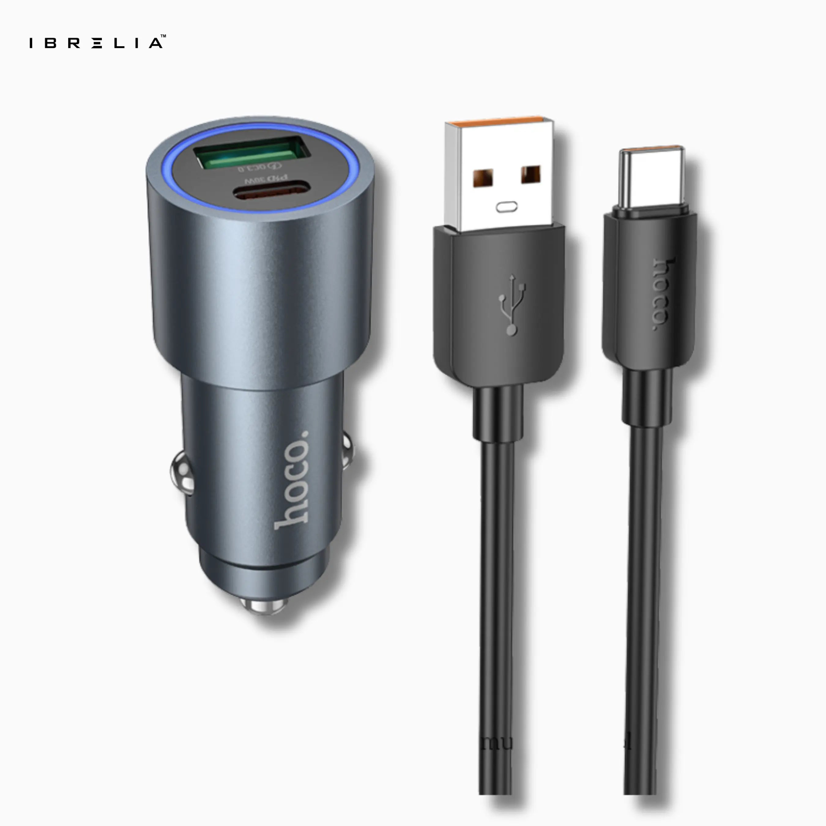 HOCO Z60 Bloom 48W Dual-Port Car Charger Set – PD30W + QC3.0 Fast Charging (USB-A to Type-C Cable) | IBRELIA™ IBRELIA