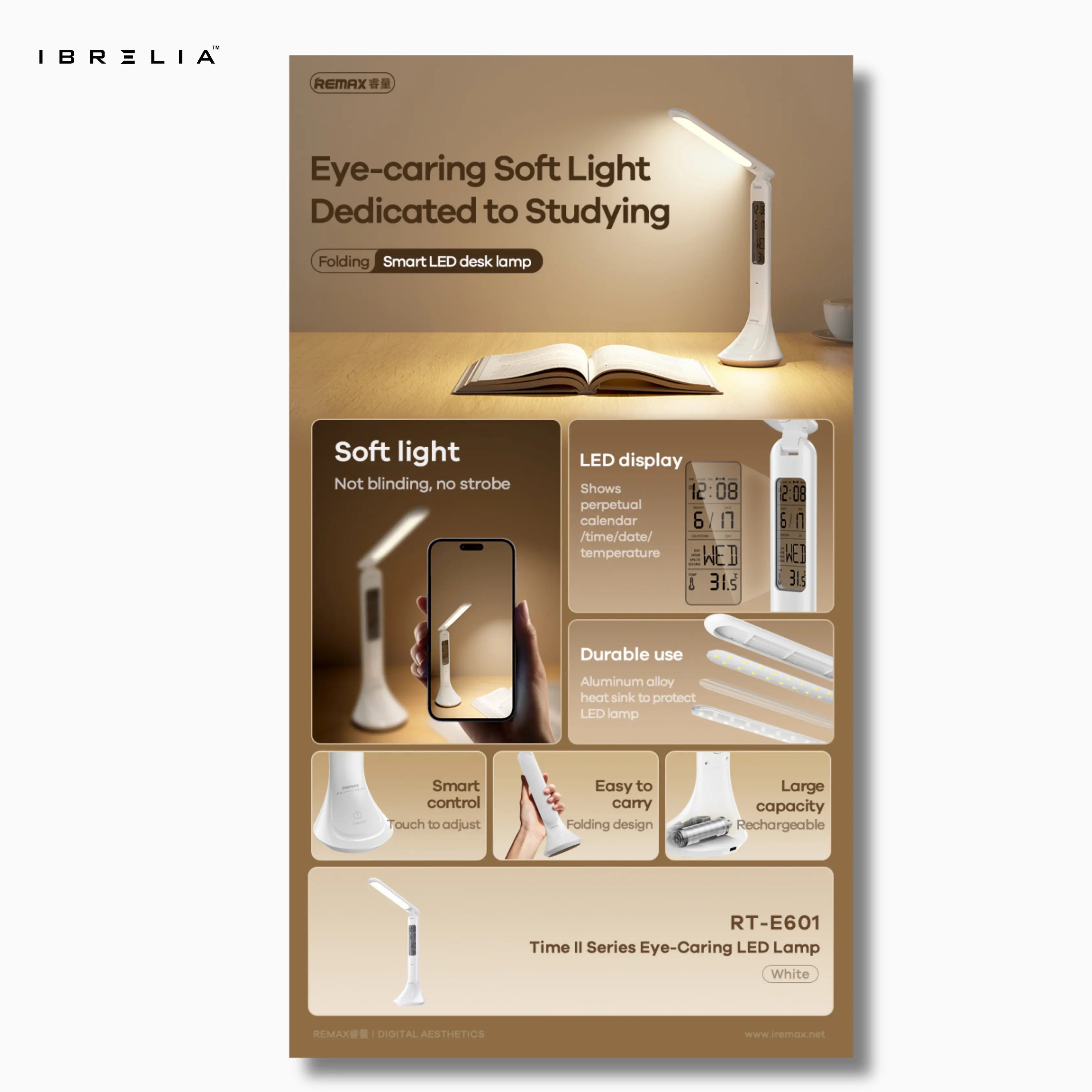 REMAX Time II Series Eye-Caring LED Lamp RT-E601 | Foldable Desk Lamp with LCD Display | Touch Control | IBRELIA™ IBRELIA