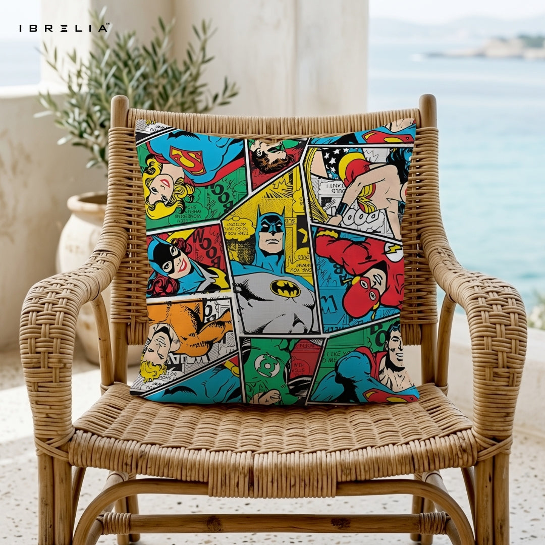 DC Superheroes Comic Cushion – Batman, Superman, Wonder Woman & Flash Pop Art Pillow 15x15 Inch | Double-Sided Print | Fibre Filling | IBRELIA™ IBRELIA
