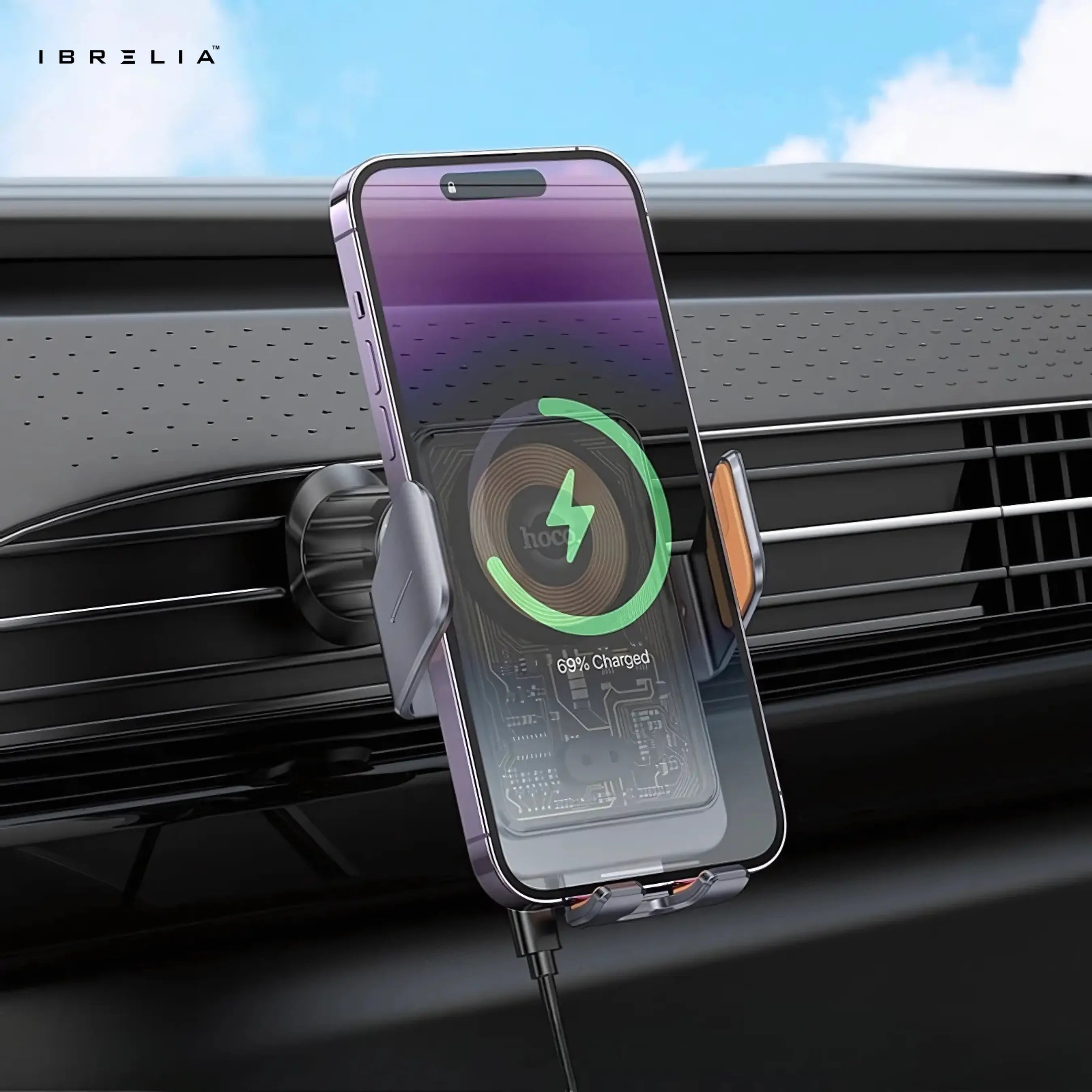 HOCO HW7 Automatic Clamping Wireless Car Charger – 15W Fast Charging Air Vent Holder | IBRELIA™ IBRELIA