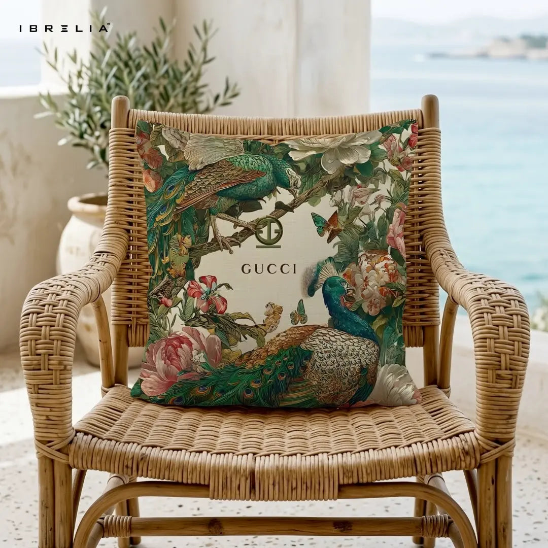 Vintage Peacock Floral Cushion 15x15 Inch | Double-Sided Luxury Botanical Pillow | IBRELIA™ IBRELIA