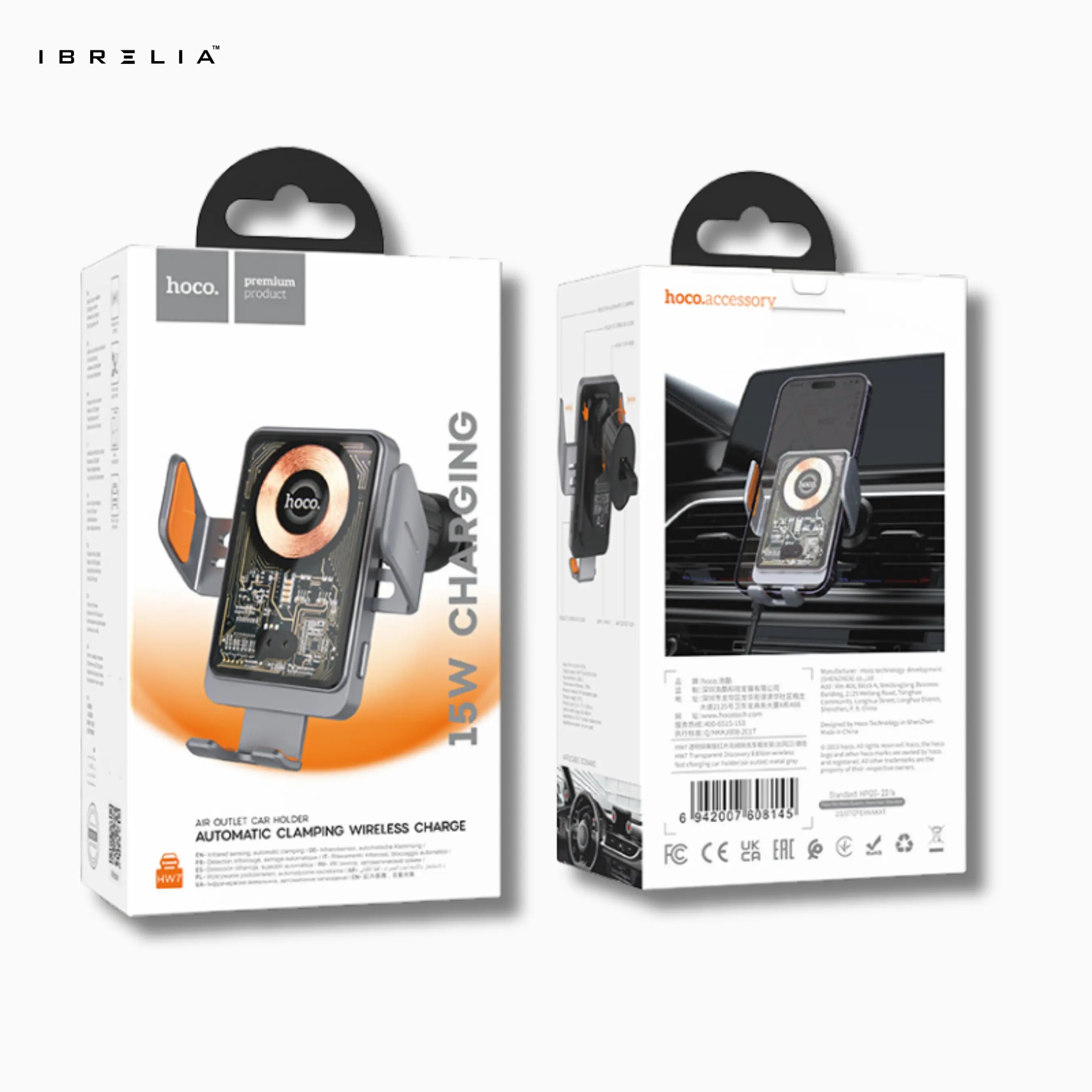 HOCO HW7 Automatic Clamping Wireless Car Charger – 15W Fast Charging Air Vent Holder | IBRELIA™ IBRELIA