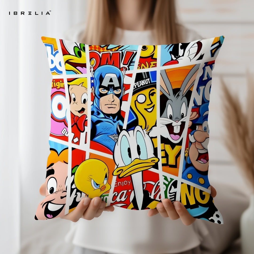 Cartoon & Superhero Collage Cushion – Donald Duck, Bugs Bunny, Tweety, Captain America & Mario Pillow 15x15 Inch | Double-Sided Print | IBRELIA™ IBRELIA