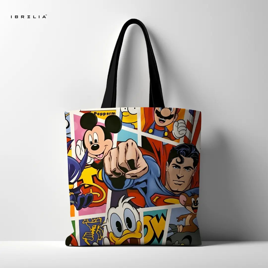 IBRELIA™ Cartoon & Superhero Collage Tote Bag – Premium Pop Culture Graphic Tote IBRELIA