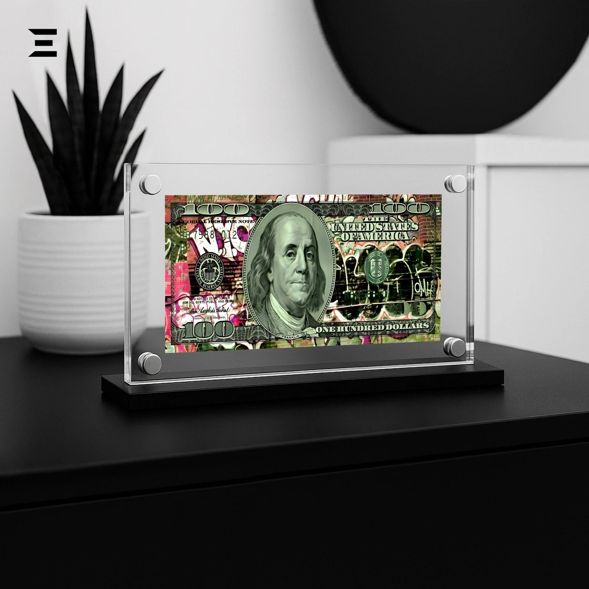 Premium Magnetic Acrylic Frame with Black Base – Benjamin Franklin Graffiti $100 Dollar Art - IBRELIA