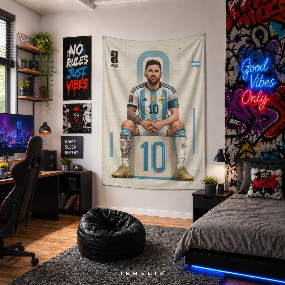 Lionel Messi – FIFA World Cup 2026 – Premium Jute Fabric Tapestry – IBRELIA™