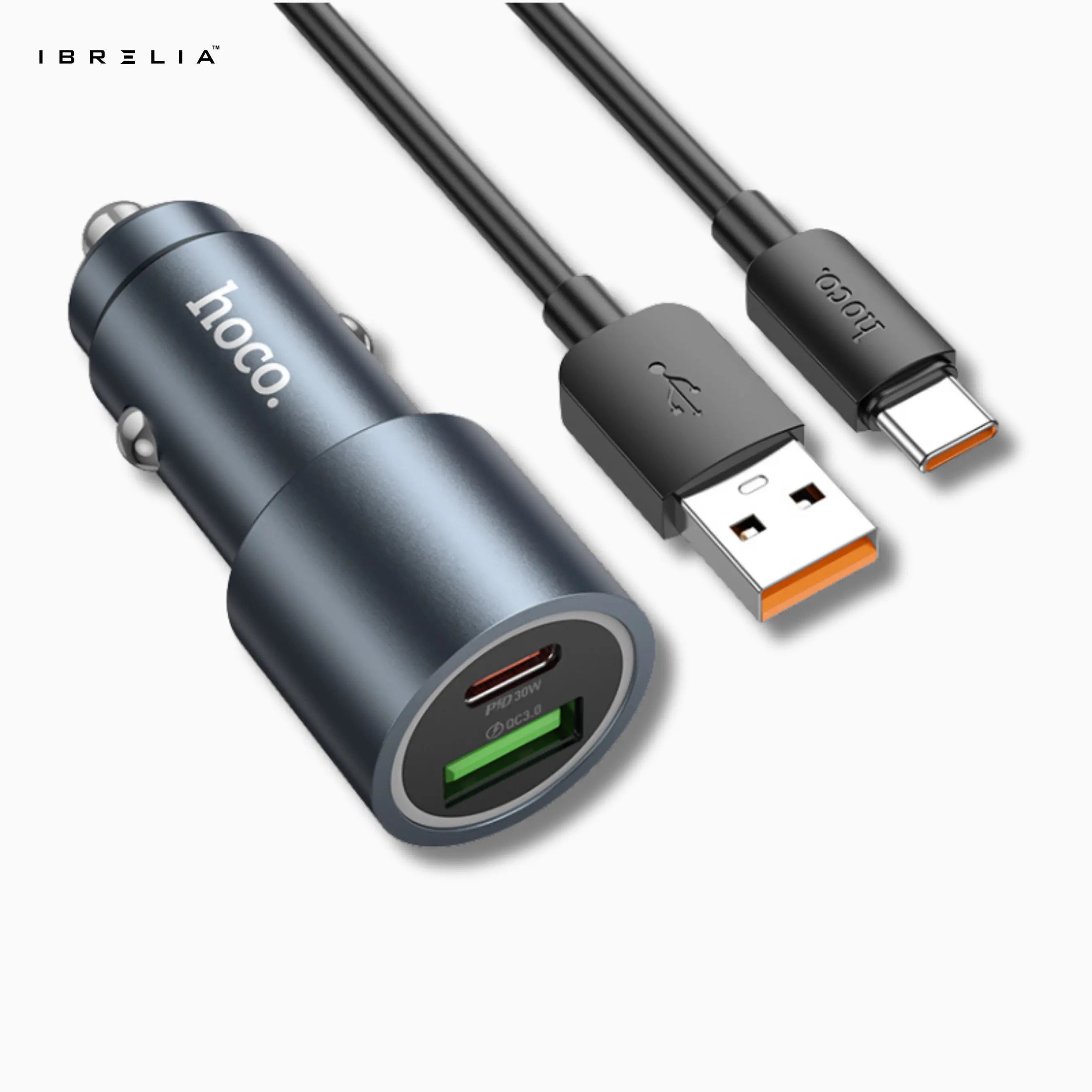 HOCO Z60 Bloom 48W Dual-Port Car Charger Set – PD30W + QC3.0 Fast Charging (USB-A to Type-C Cable) | IBRELIA™ IBRELIA