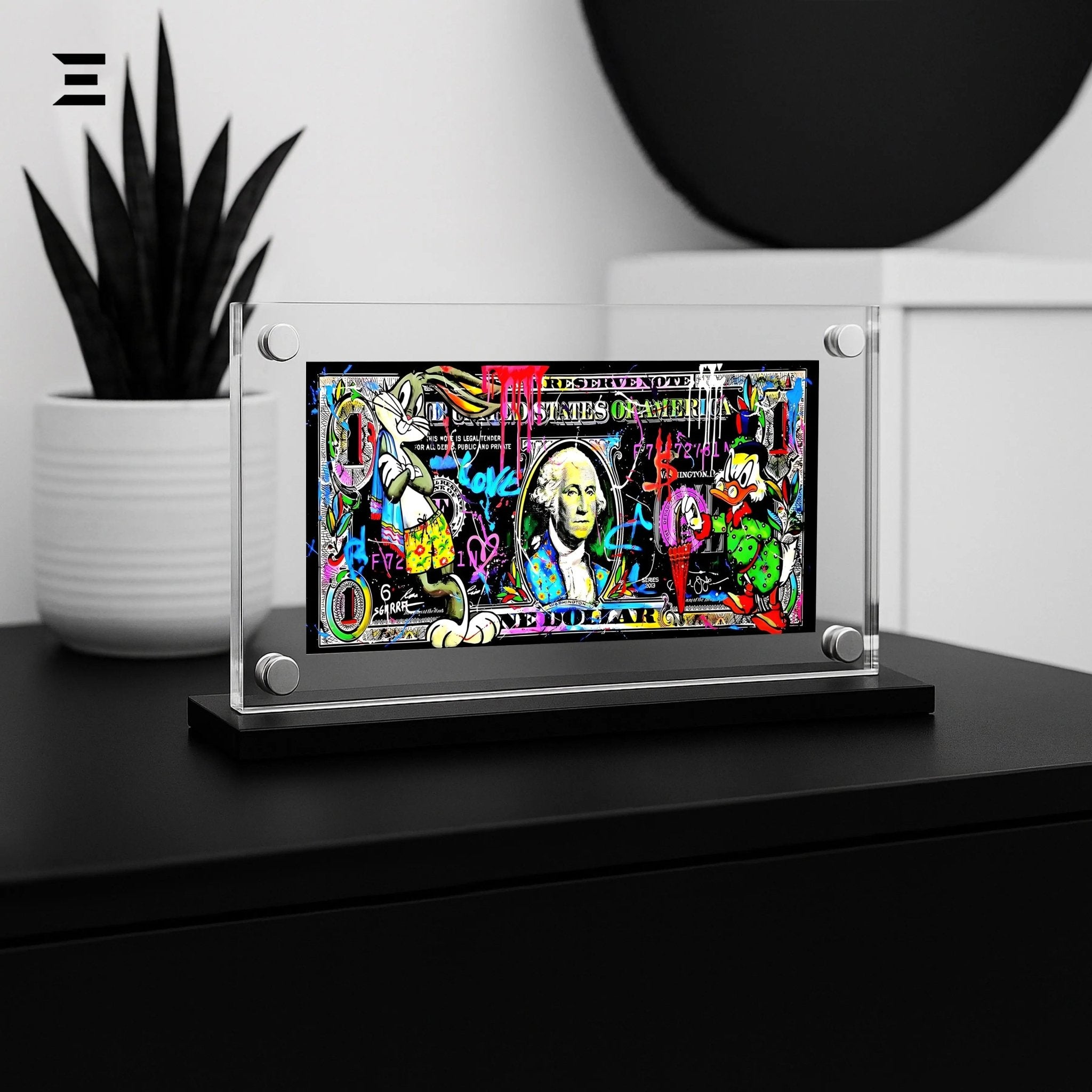 Premium Magnetic Acrylic Frame with Black Base – Bugs Bunny & Scrooge McDuck Graffiti Dollar Pop Art - IBRELIA