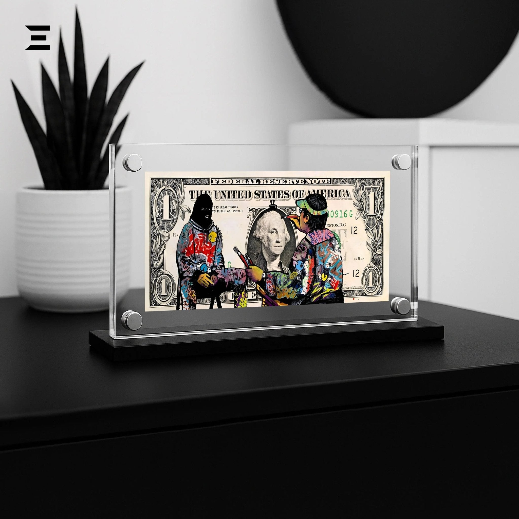 Premium Magnetic Acrylic Frame with Black Base – Graffiti Artist Painting George Washington Dollar Pop Art - IBRELIA
