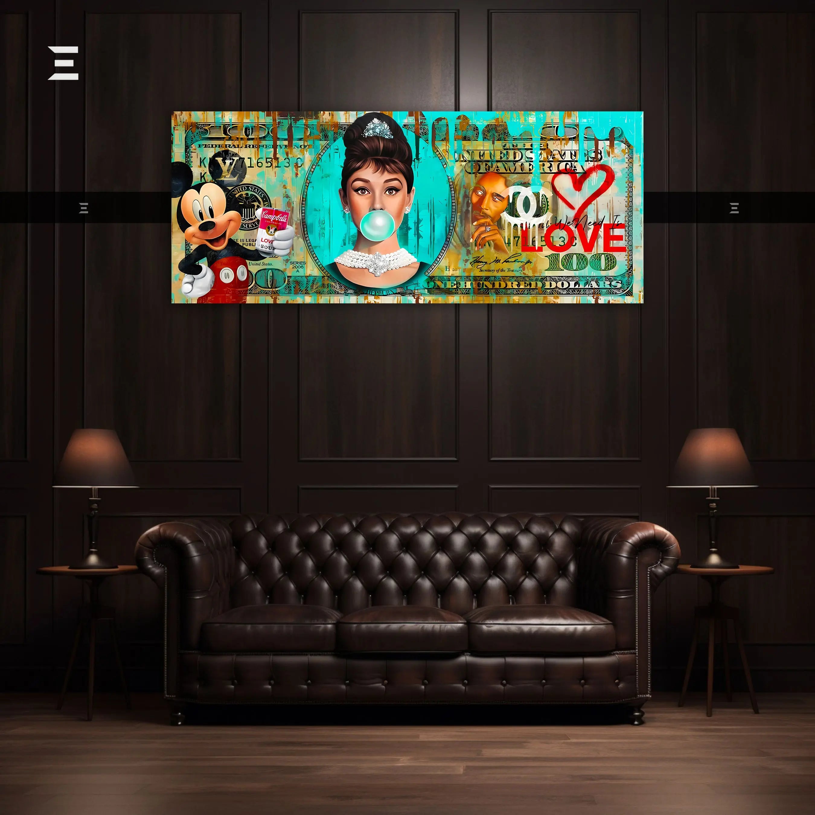 Ultra Wide Wall Art – Turquoise Pop Culture Money Collage Edition | IBRELIA™ IBRELIA