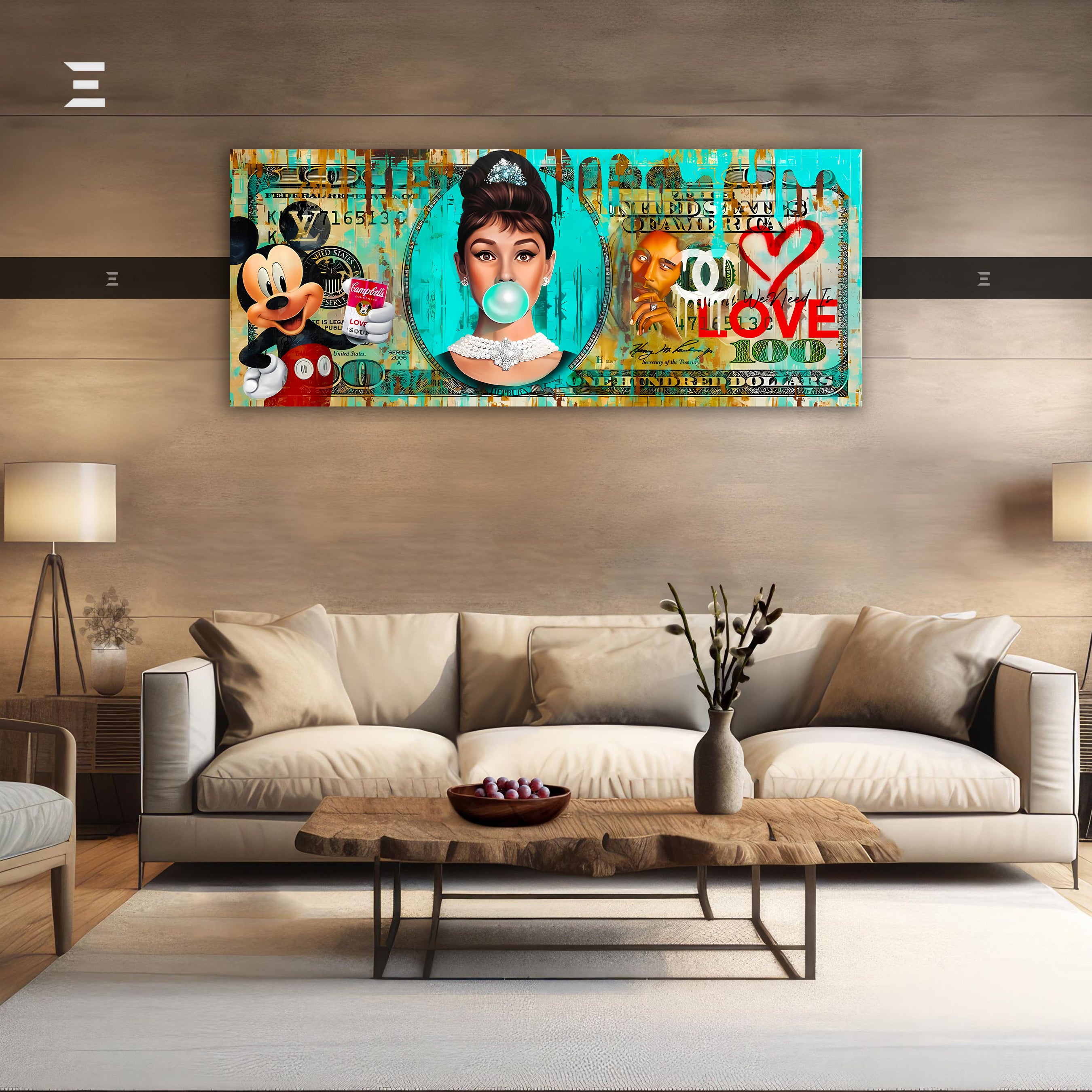 Ultra Wide Wall Art – Turquoise Pop Culture Money Collage Edition | IBRELIA™