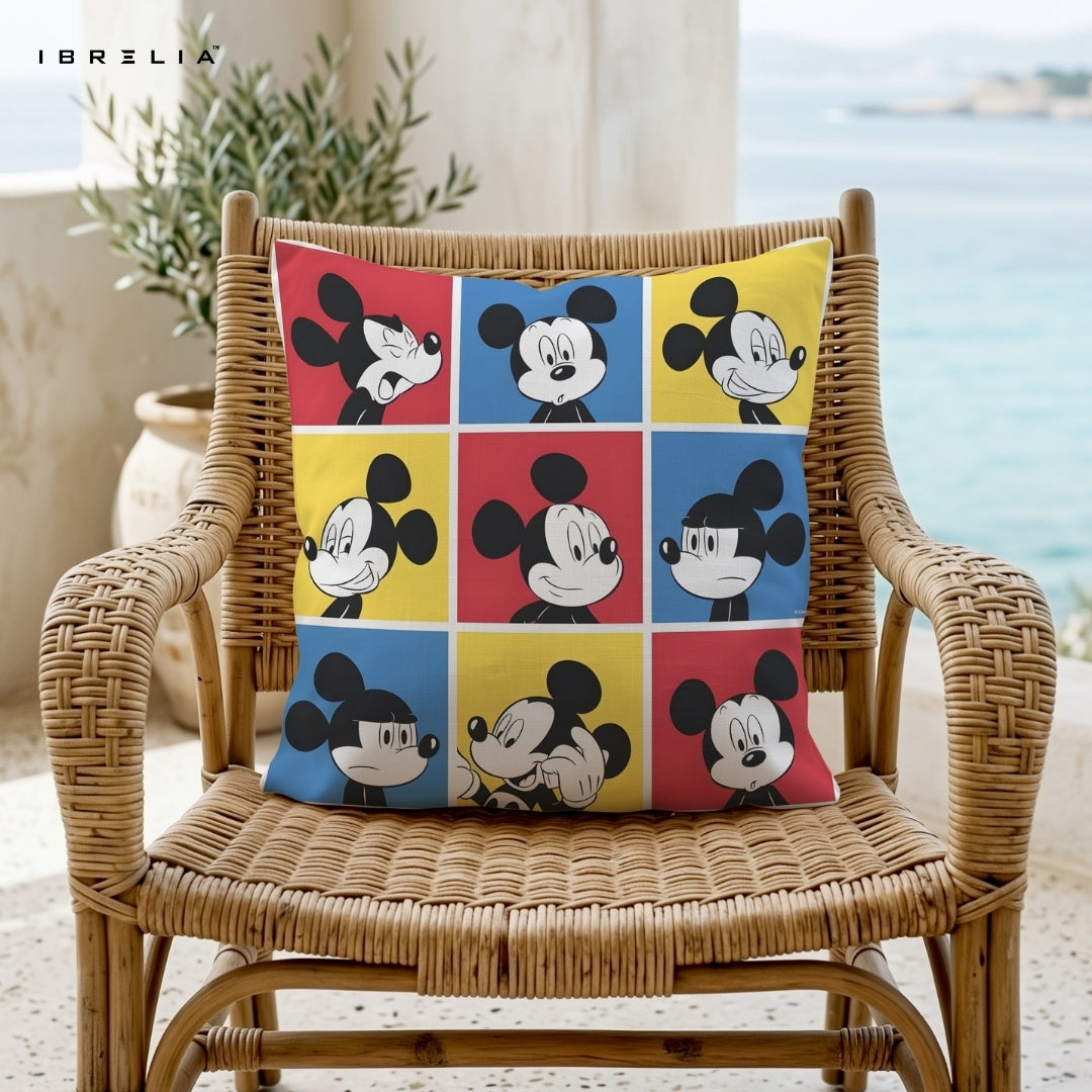 Mickey Mouse Pop Art Cushion – Color Grid Cartoon Pillow 15x15 Inch | Double-Sided Print | Fibre Filling | IBRELIA™ IBRELIA