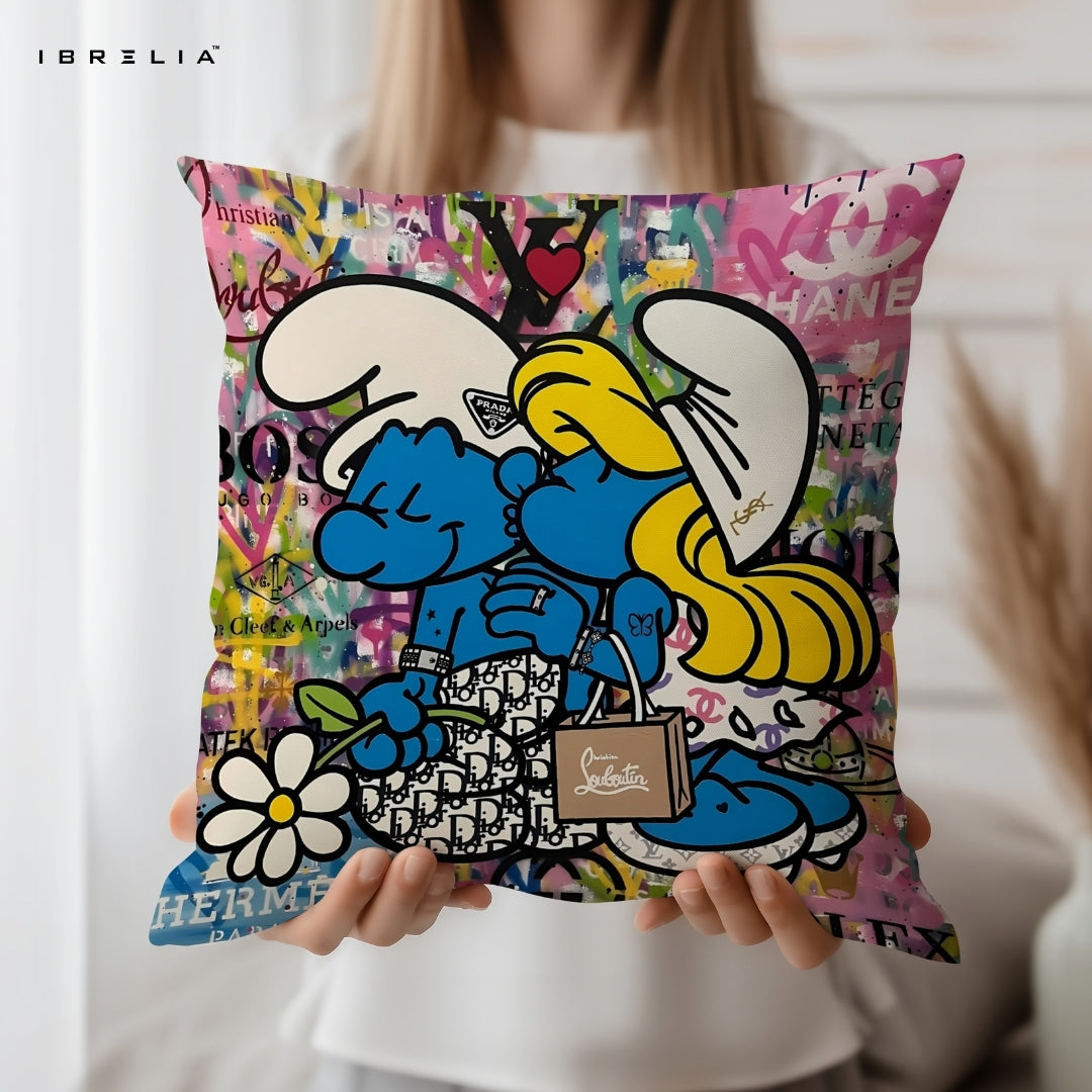 Smurfs Luxury Graffiti Cushion – Smurf & Smurfette Designer Pop Art Pillow 15x15 Inch | Double-Sided Print | IBRELIA™ IBRELIA