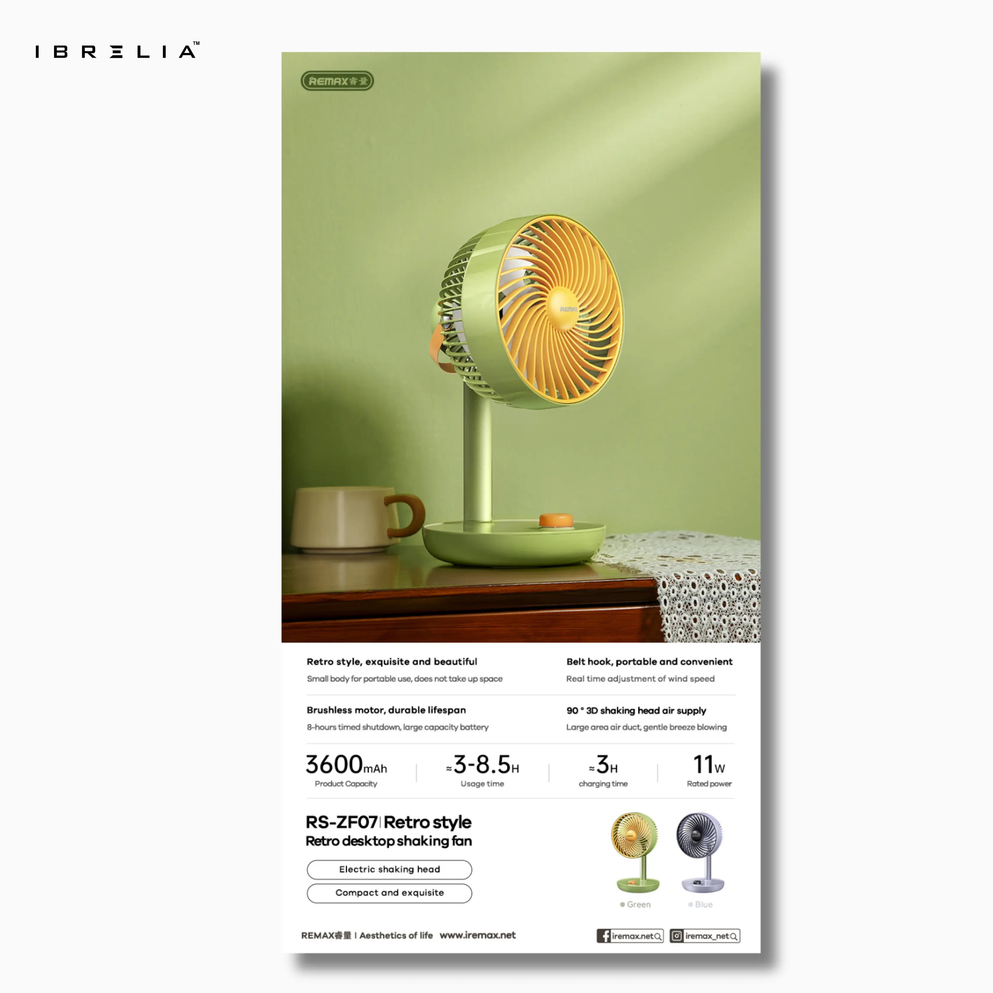 REMAX Retro Desktop Oscillating Fan RS-ZF07 | Brushless Motor | 3600mAh Battery | Quiet Cooling Fan | IBRELIA™ IBRELIA