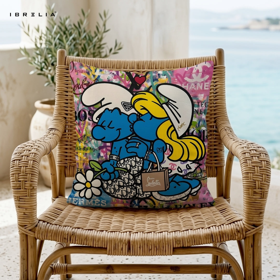 Smurfs Luxury Graffiti Cushion – Smurf & Smurfette Designer Pop Art Pillow 15x15 Inch | Double-Sided Print | IBRELIA™ IBRELIA