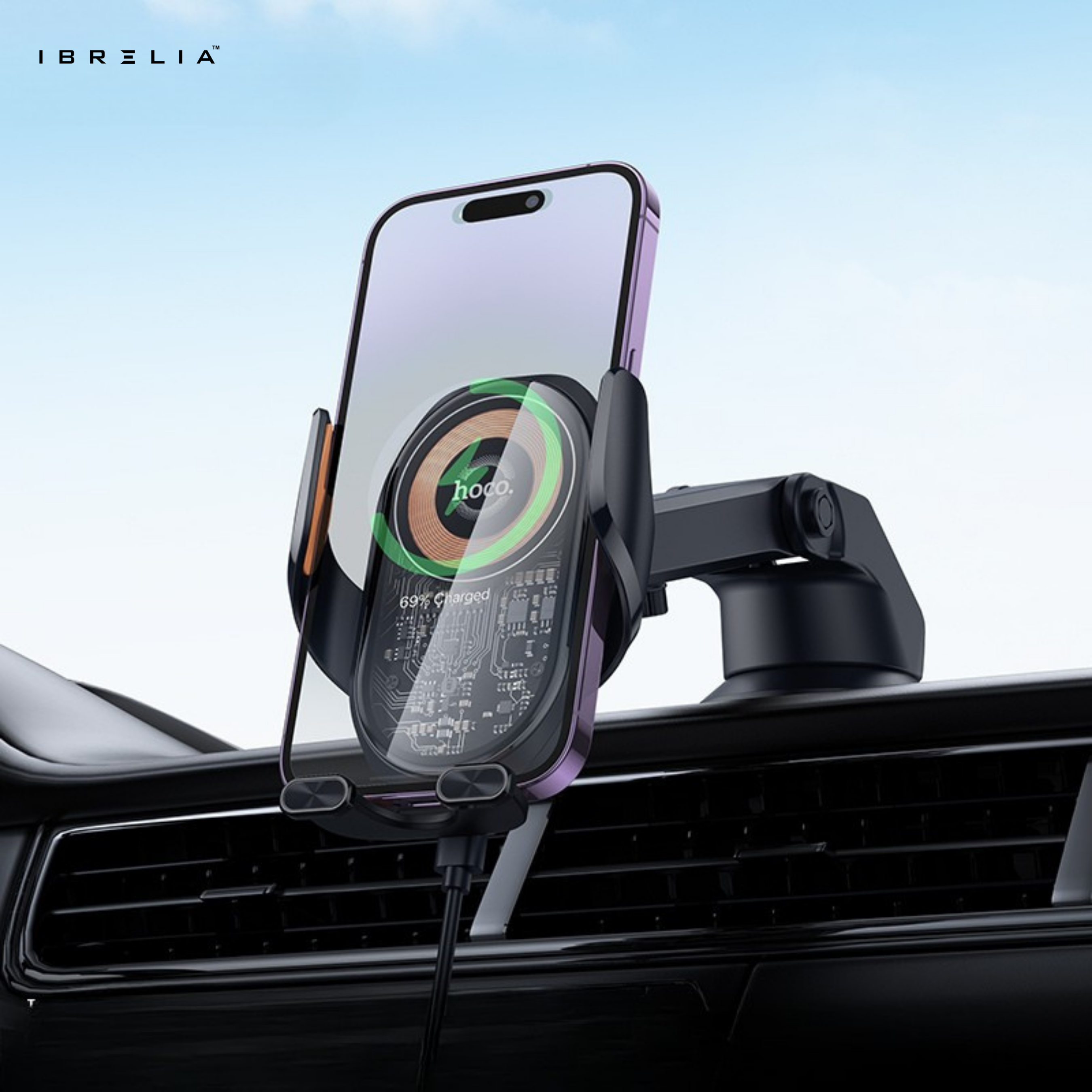 HOCO HW34 Blue Whale 3-Axis Linkage Wireless Car Holder – 15W Fast Charging Center Console Mount | IBRELIA™