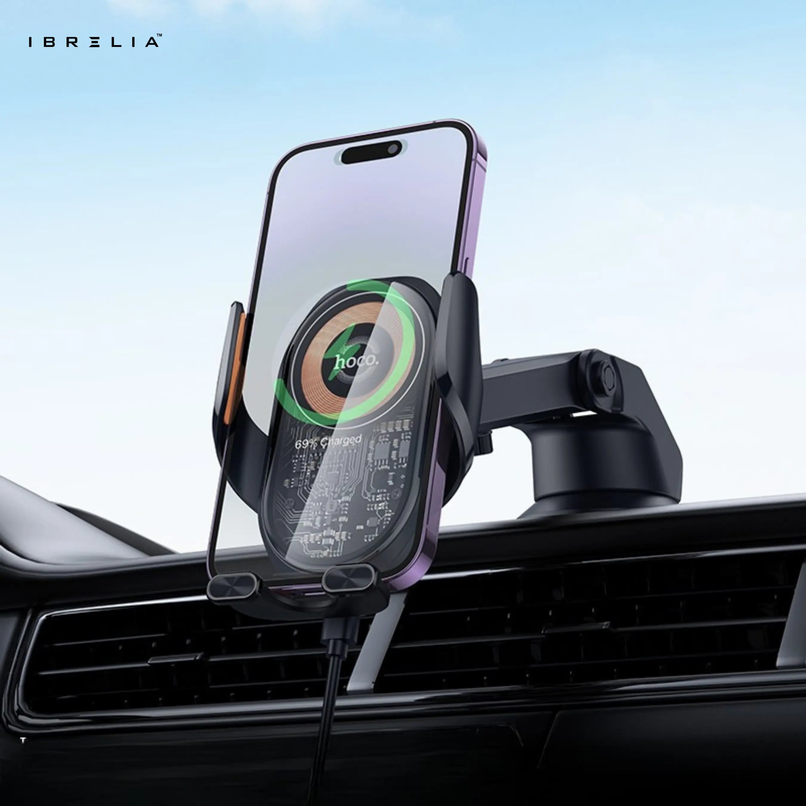 HOCO HW34 Blue Whale 3-Axis Linkage Wireless Car Holder – 15W Fast Charging Center Console Mount | IBRELIA™ IBRELIA