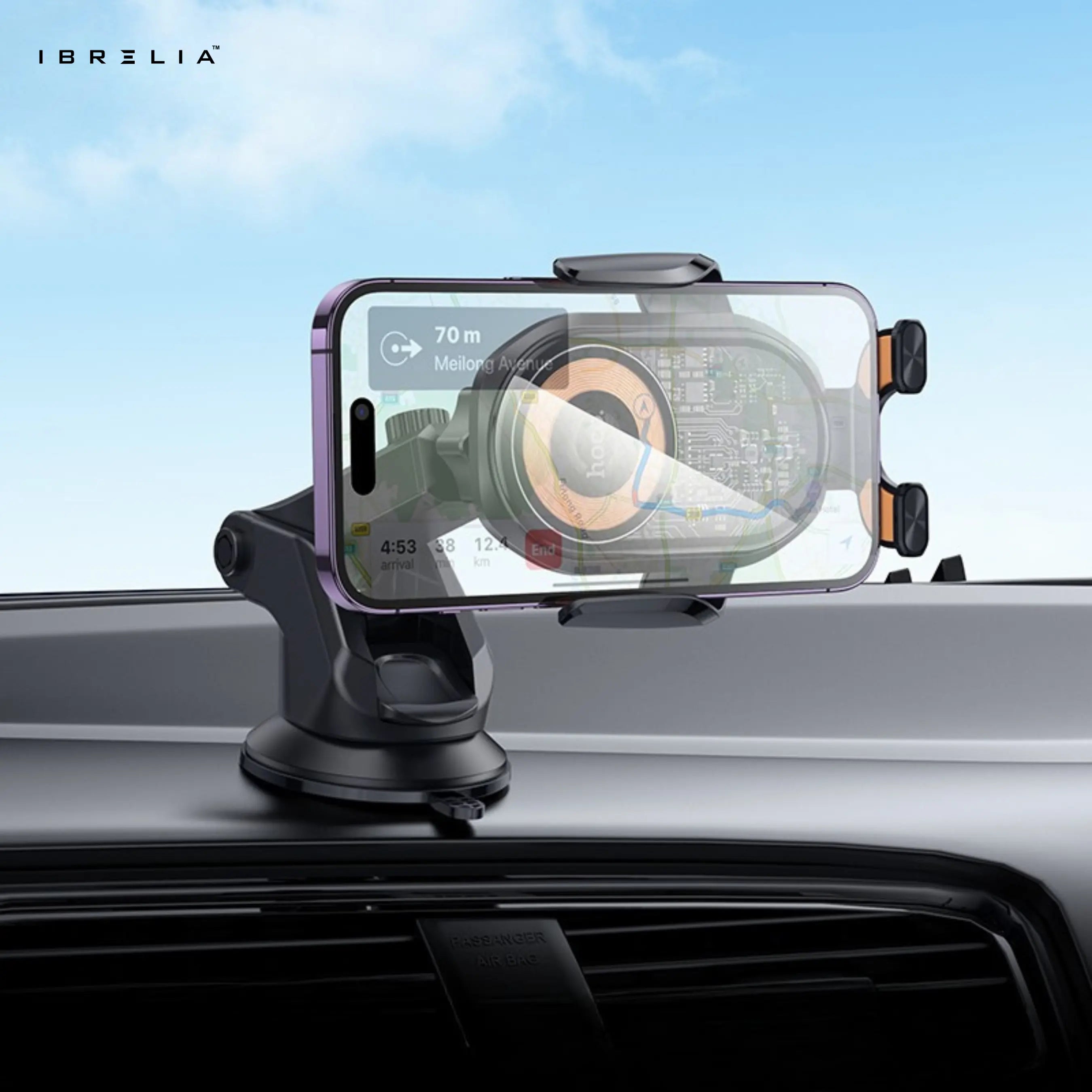 HOCO HW34 Blue Whale 3-Axis Linkage Wireless Car Holder – 15W Fast Charging Center Console Mount | IBRELIA™ IBRELIA