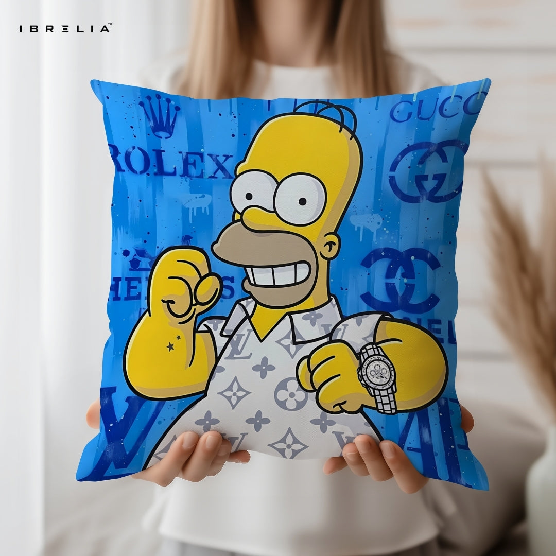 Homer Simpson Luxury Cushion – Street Style Cartoon Designer Pillow 15x15 Inch | Double-Sided Print | IBRELIA™ IBRELIA