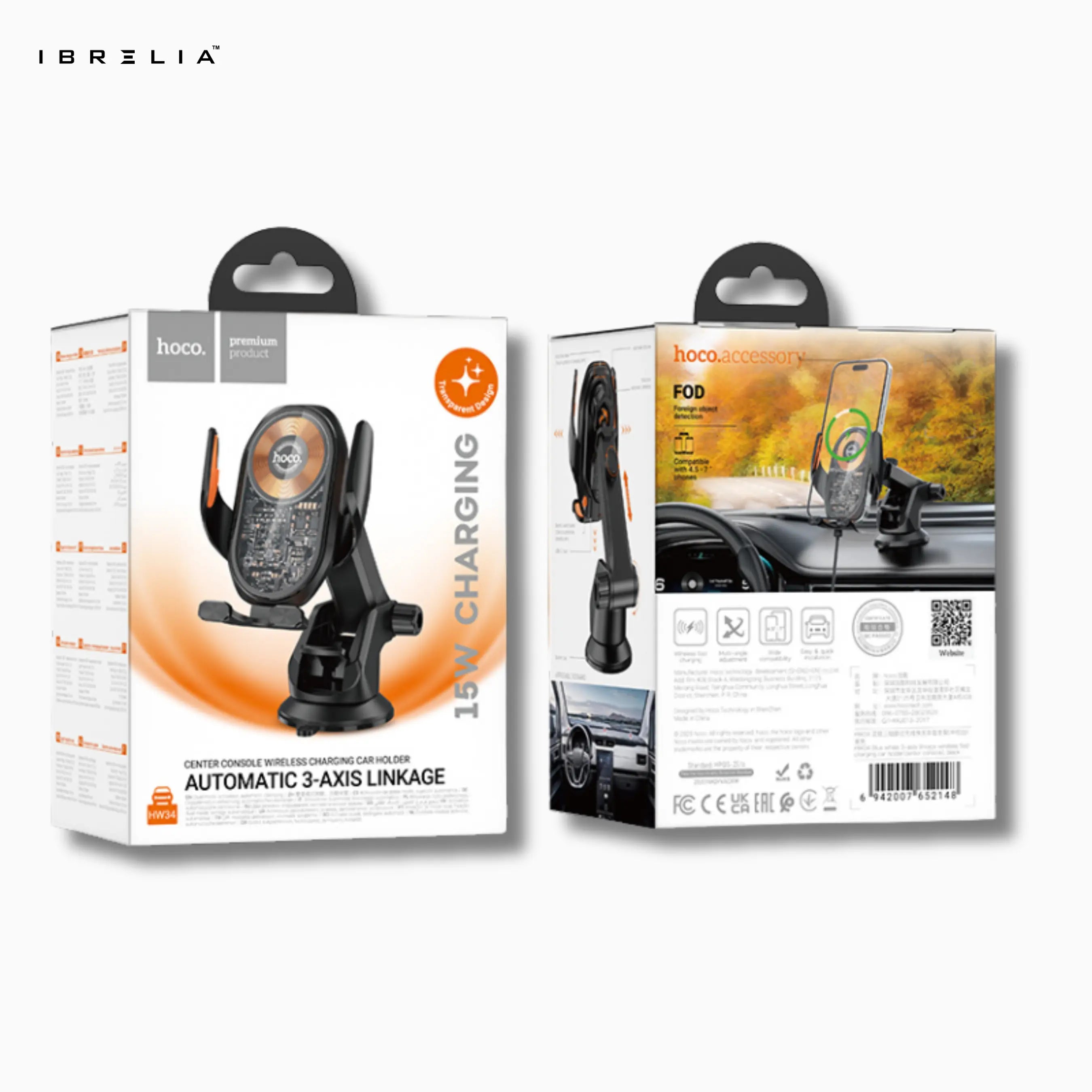 HOCO HW34 Blue Whale 3-Axis Linkage Wireless Car Holder – 15W Fast Charging Center Console Mount | IBRELIA™ IBRELIA