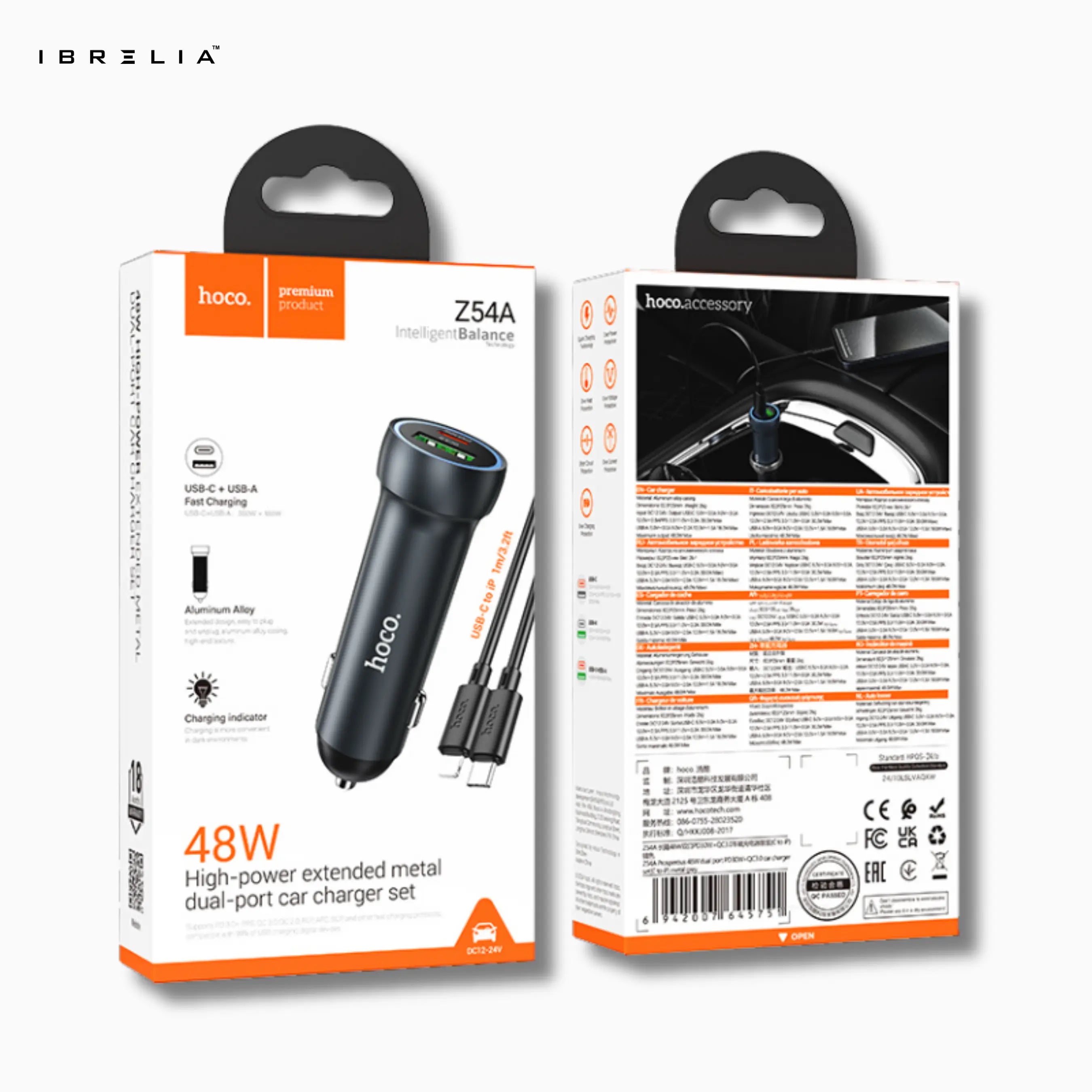 HOCO Z54A Prosperous 48W Dual-Port PD30W + QC3.0 Car Charger Set (C to iP) | IBRELIA™ IBRELIA